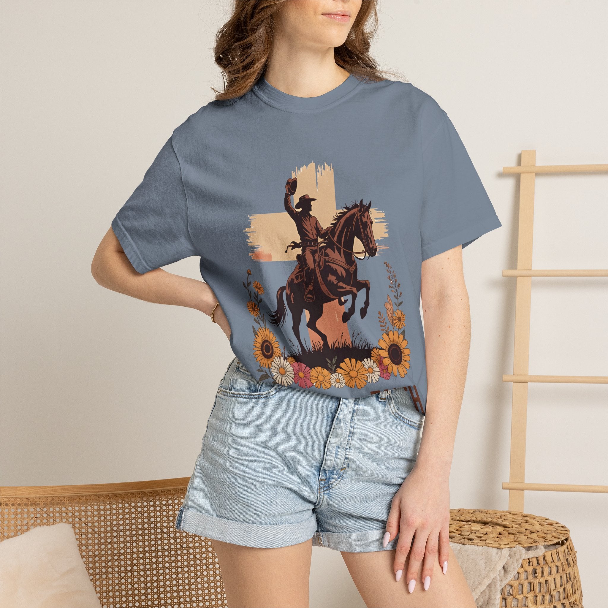 Ride With Faith Cowboy T-Shirt – Western Horse Graphic with Sunflowers