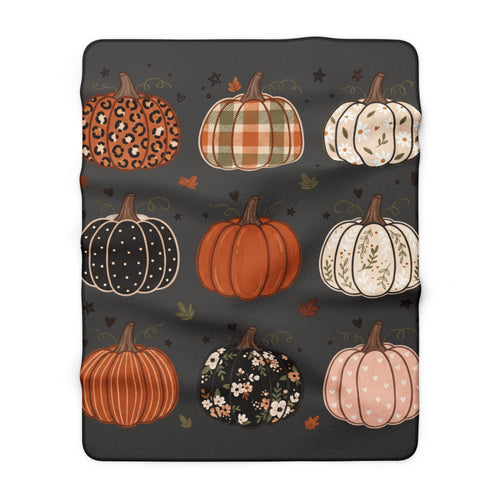 Autumn Pumpkin Sherpa Blanket — Cozy Fall Throw with Plaid, Leopard & Floral Pumpkins