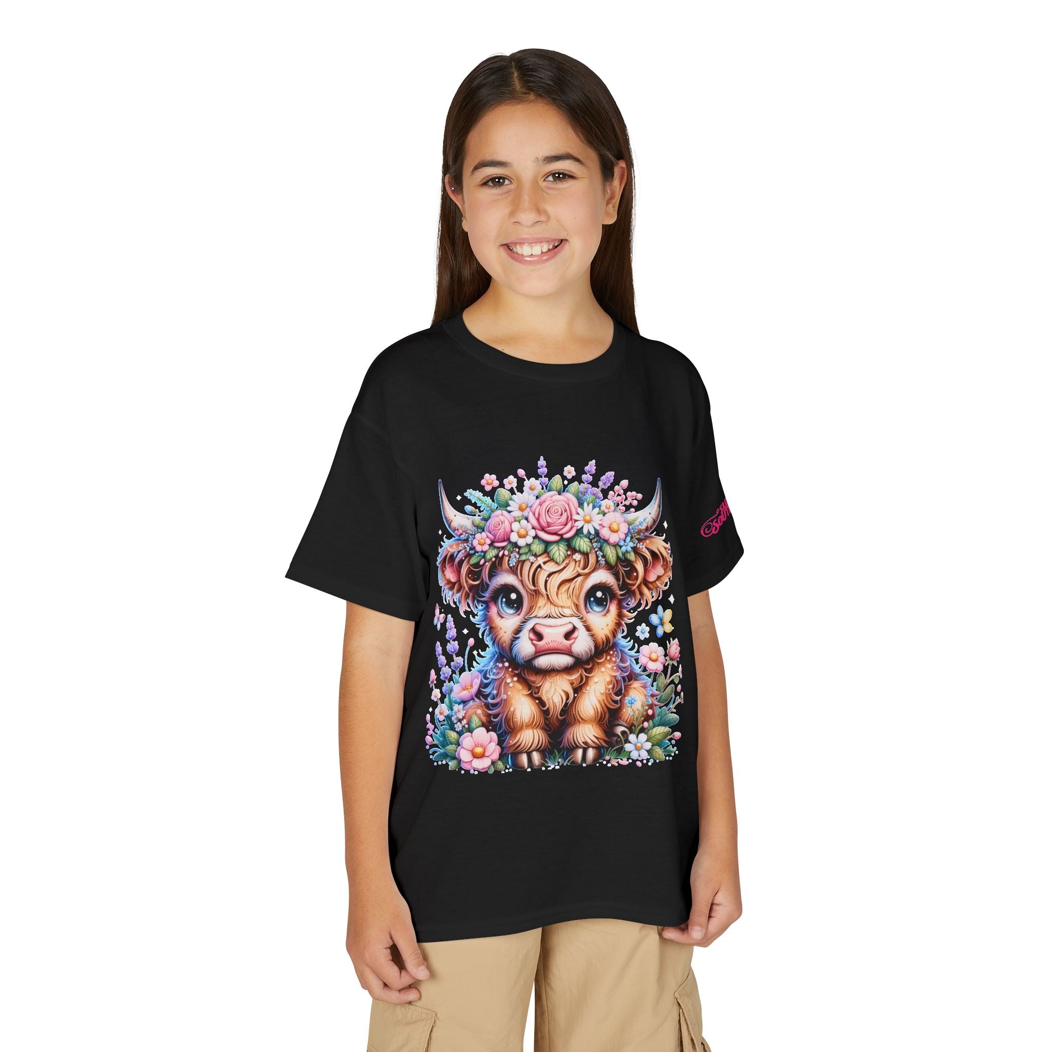 Cute Highland Calf Floral Youth T-Shirt