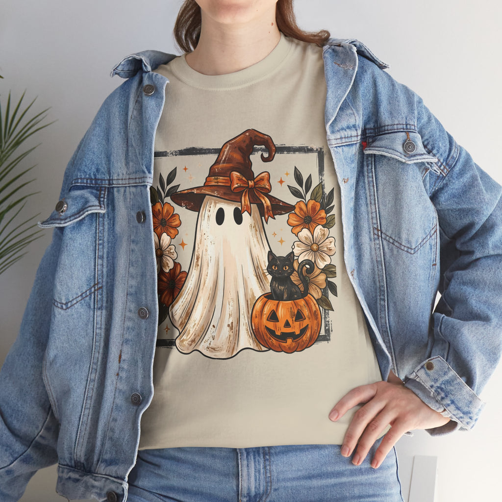 Halloween Ghost Tee — Cute Ghost in Witch Hat with Pumpkin & Flowers