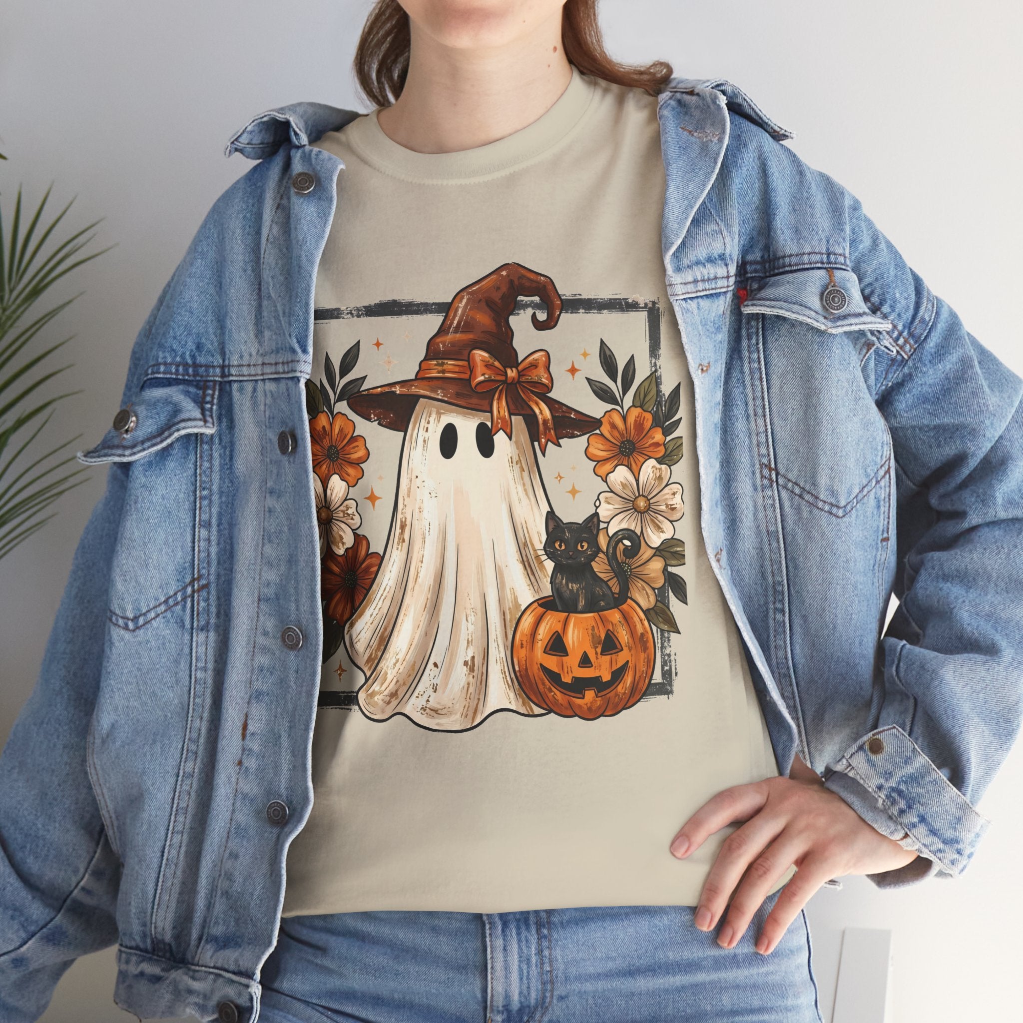 Halloween Ghost Tee — Cute Ghost in Witch Hat with Pumpkin & Flowers