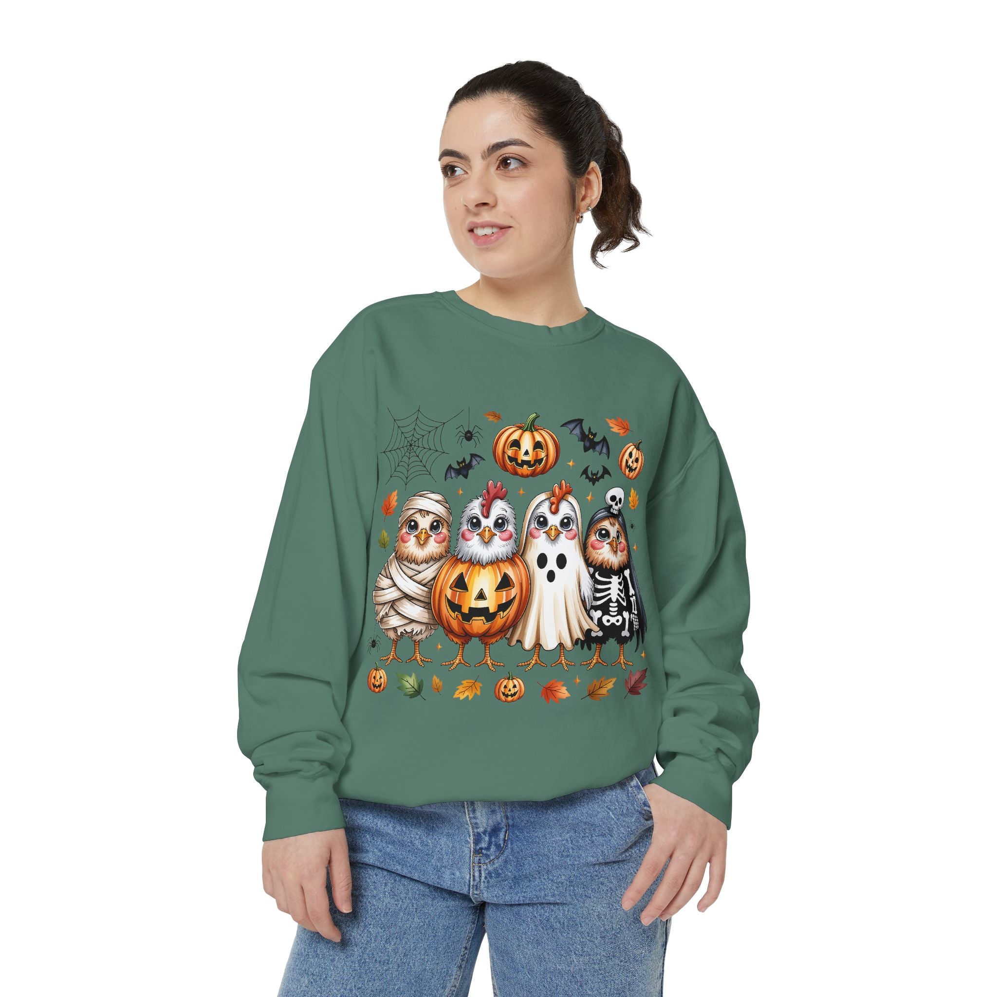 Halloween Chicken Sweatshirt — Cute Spooky Chickens in Costumes with Pumpkin & Ghost Design