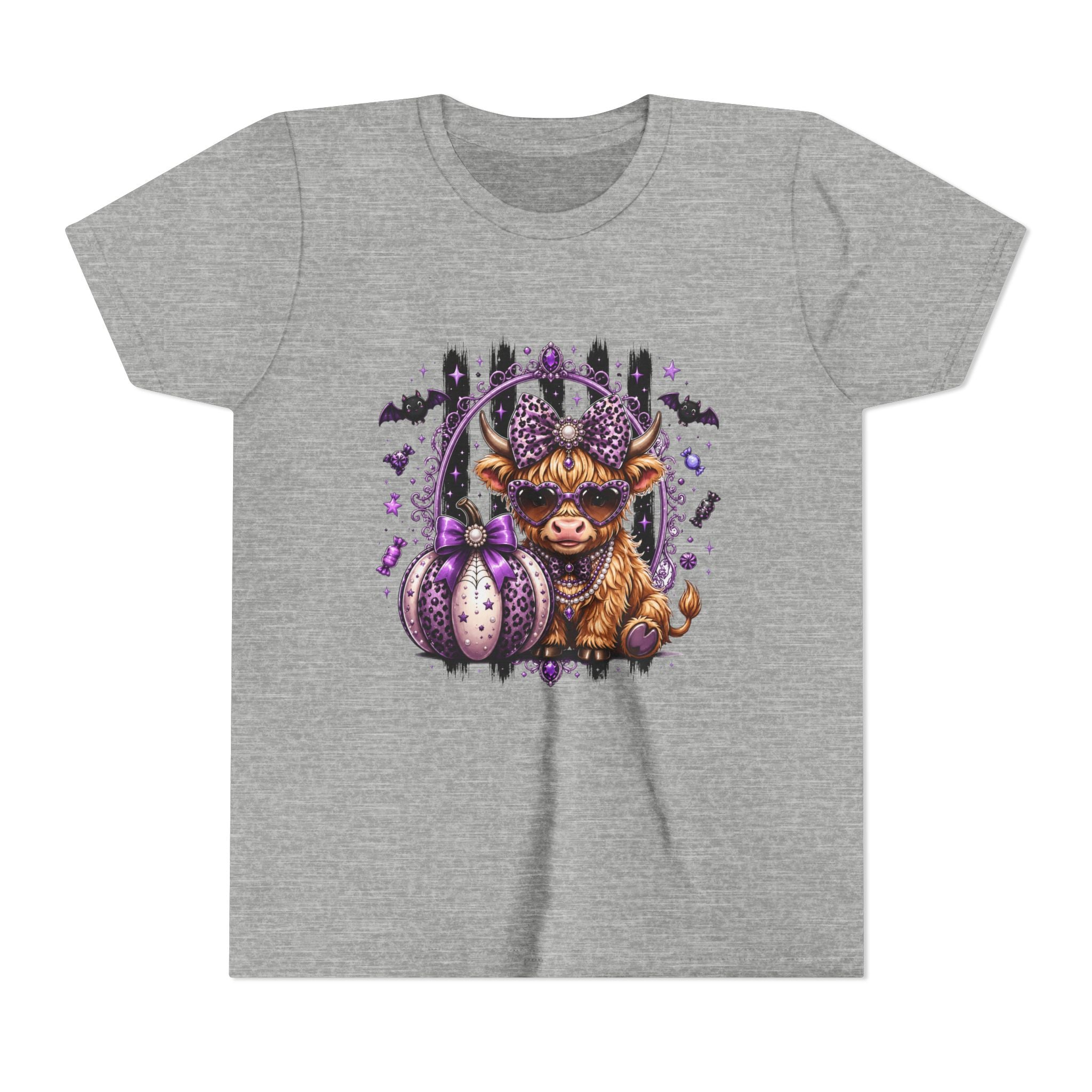 Halloween Highland Cow Youth Tee — Cute Spooky Cow with Purple Pumpkins
