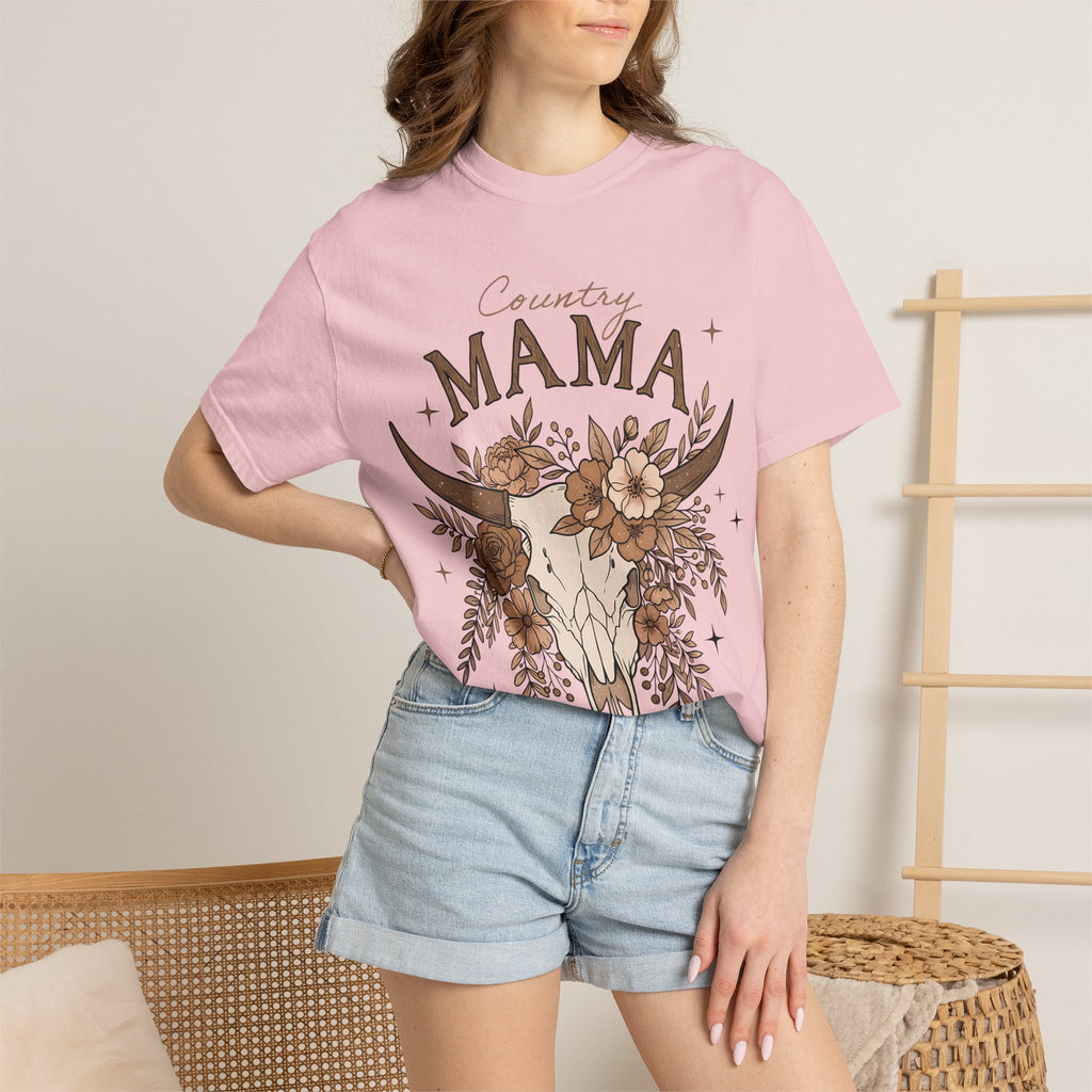 Country Mama T-Shirt — Floral Cow Skull Rustic Farmhouse Tee