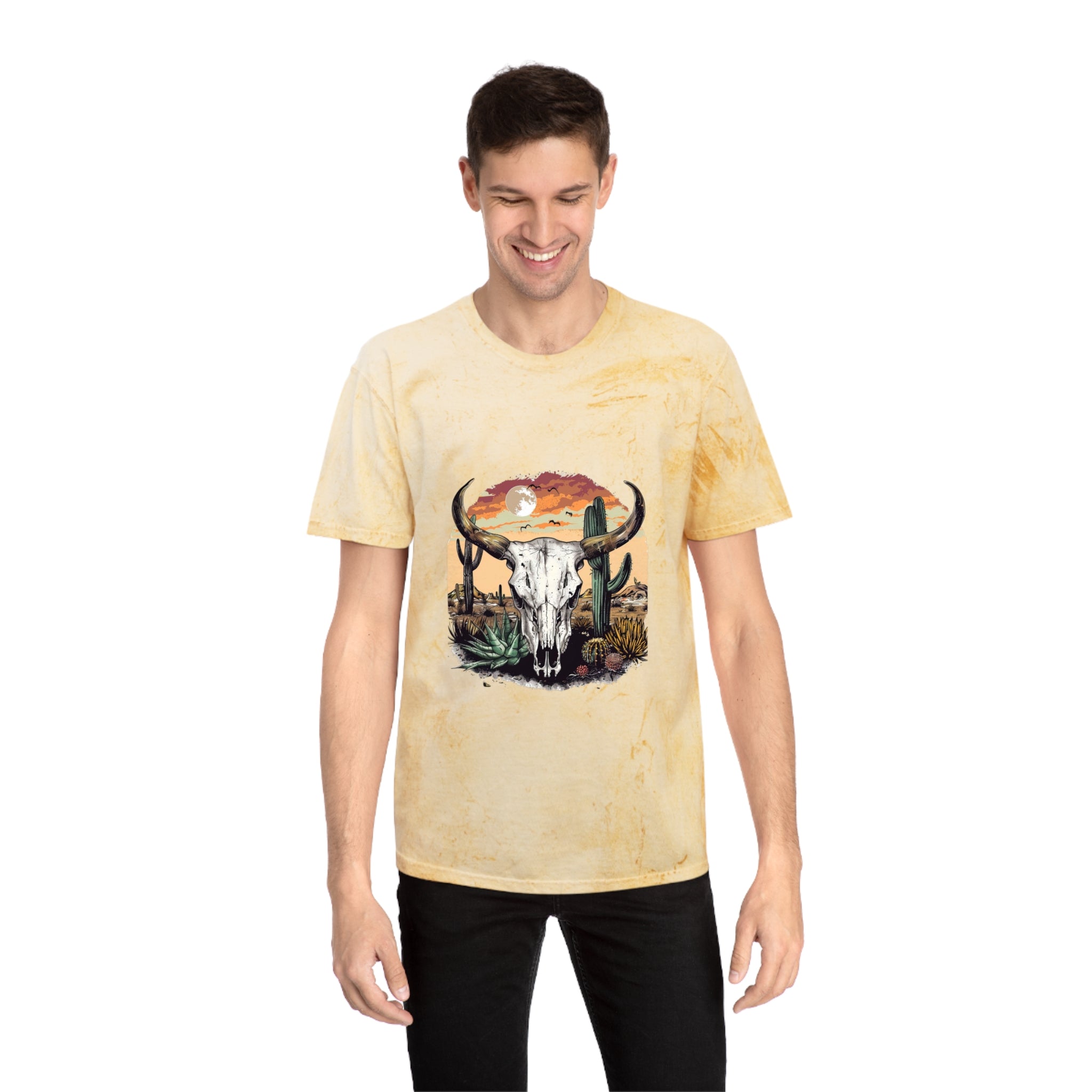 Western Skull Desert T-Shirt — Sunburst Tie-Dye Cactus Graphic