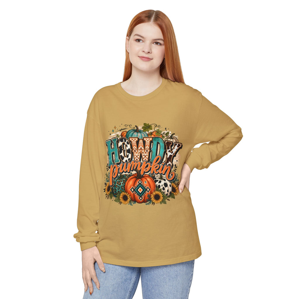 Howdy Pumpkin Long Sleeve Tee — Fall Pumpkin & Sunflower Graphic Shirt