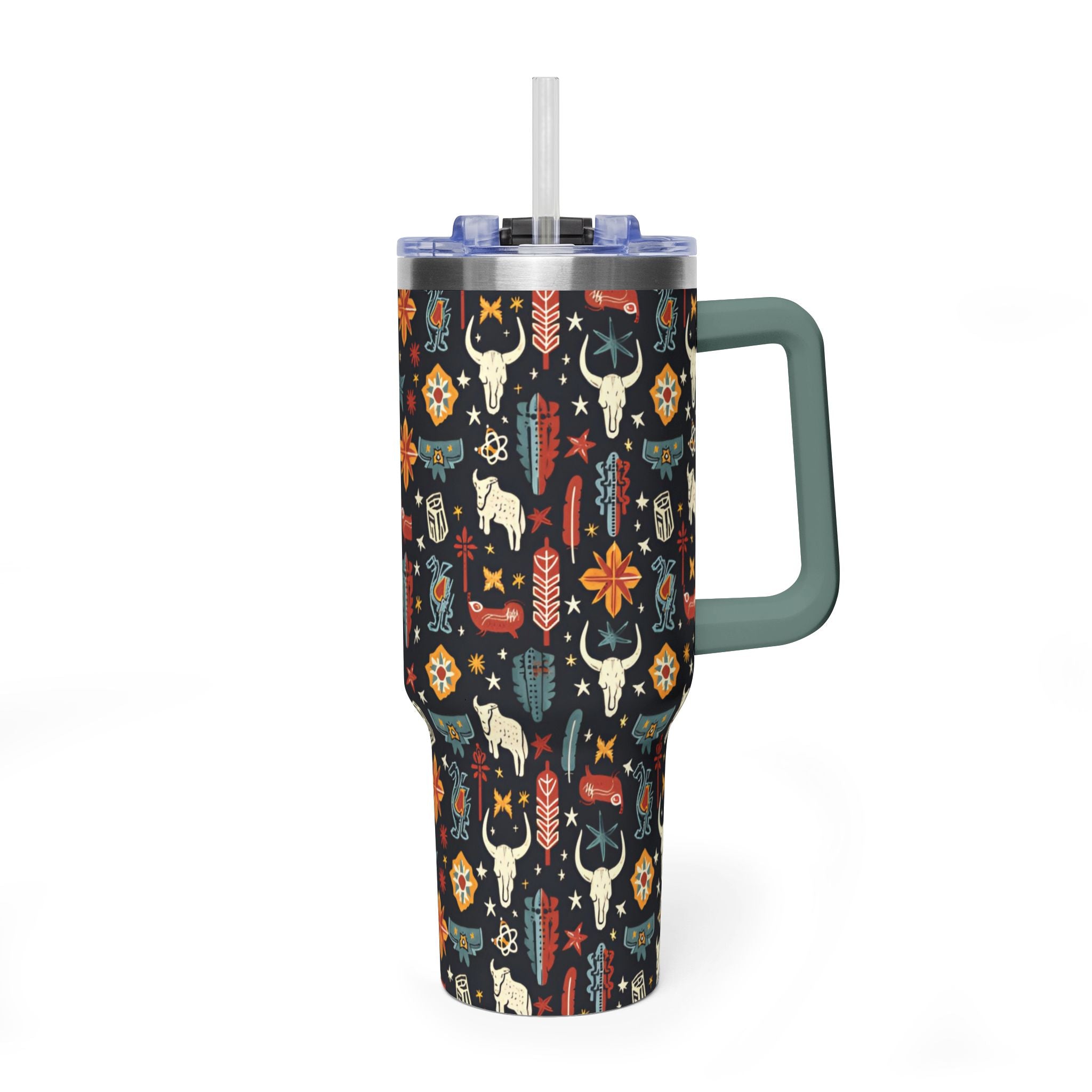 40oz Western Pattern Vacuum Tumbler — Southwestern Cow Skull & Floral Insulated Cup