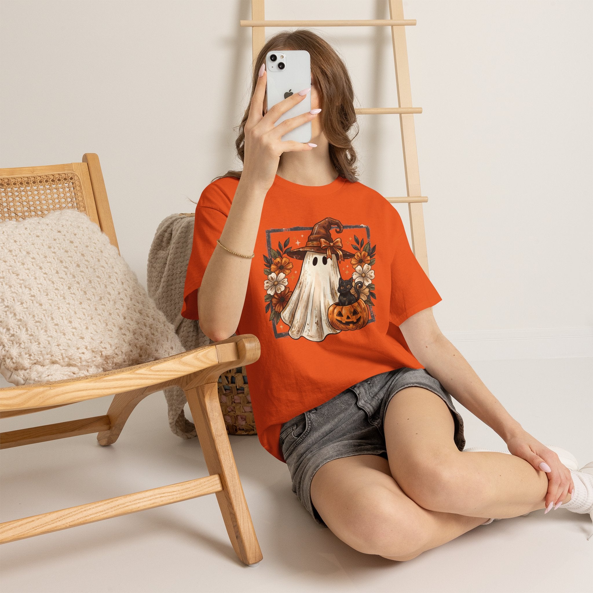 Halloween Ghost Tee — Cute Ghost in Witch Hat with Pumpkin & Flowers