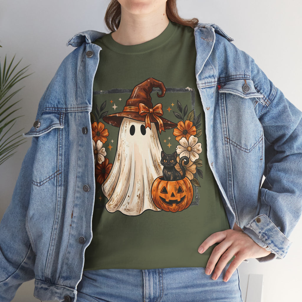 Halloween Ghost Tee — Cute Ghost in Witch Hat with Pumpkin & Flowers