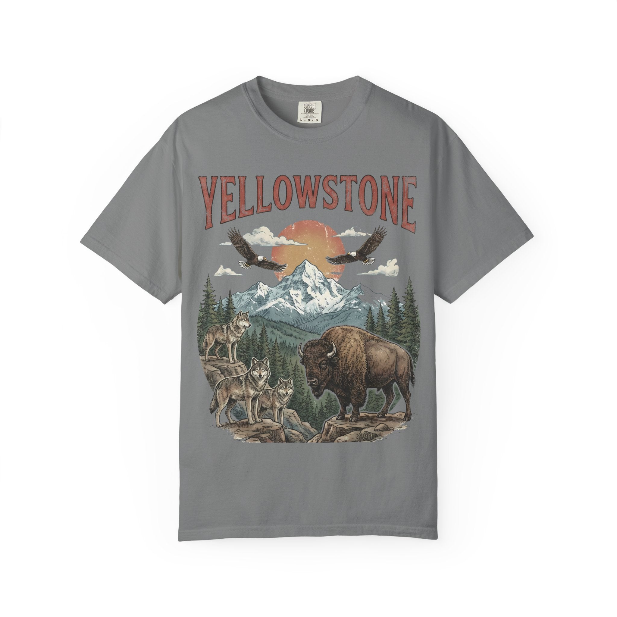 Yellowstone Wildlife Graphic T-Shirt — Vintage Bison, Wolves & Mountain Nature Tee