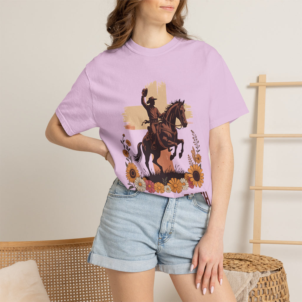 Ride With Faith Cowboy T-Shirt – Western Horse Graphic with Sunflowers