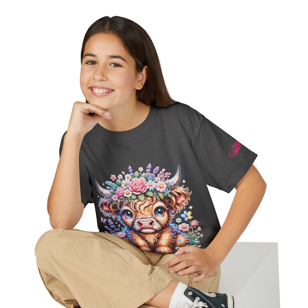Cute Highland Calf Floral Youth T-Shirt