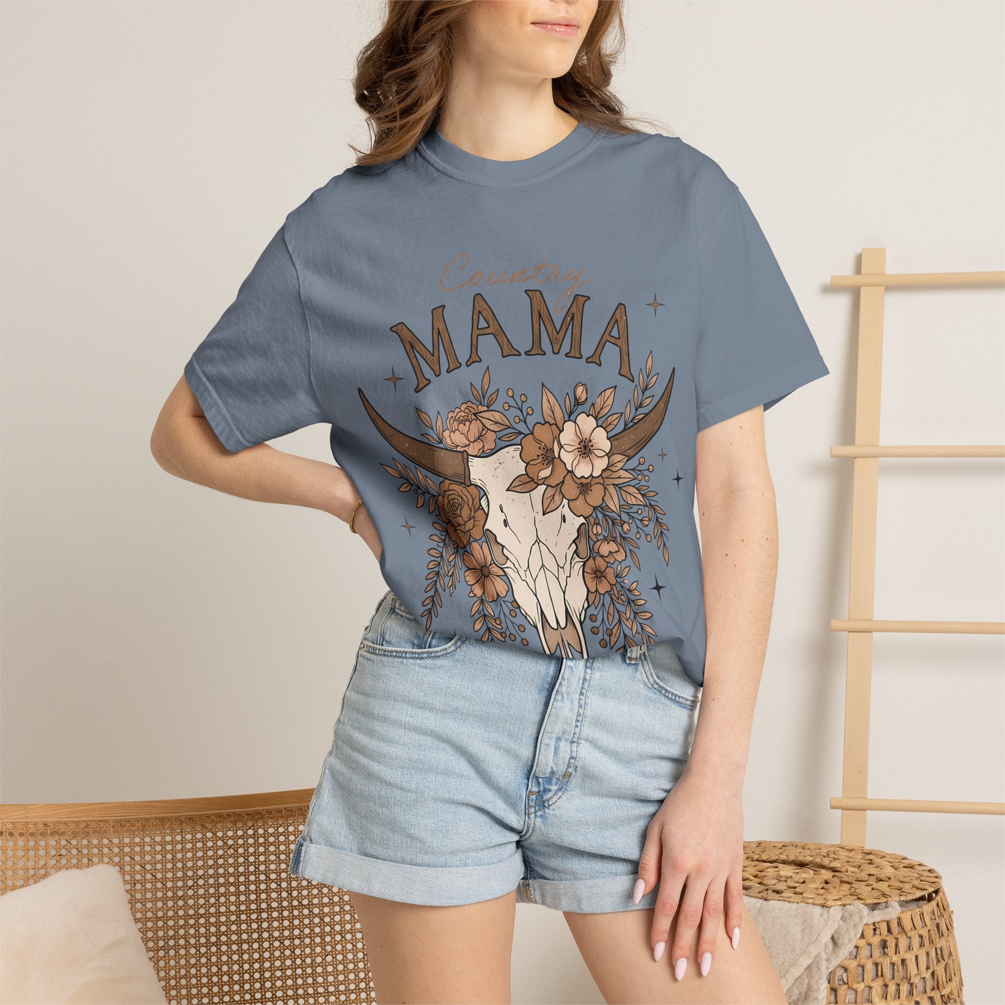 Country Mama T-Shirt — Floral Cow Skull Rustic Farmhouse Tee