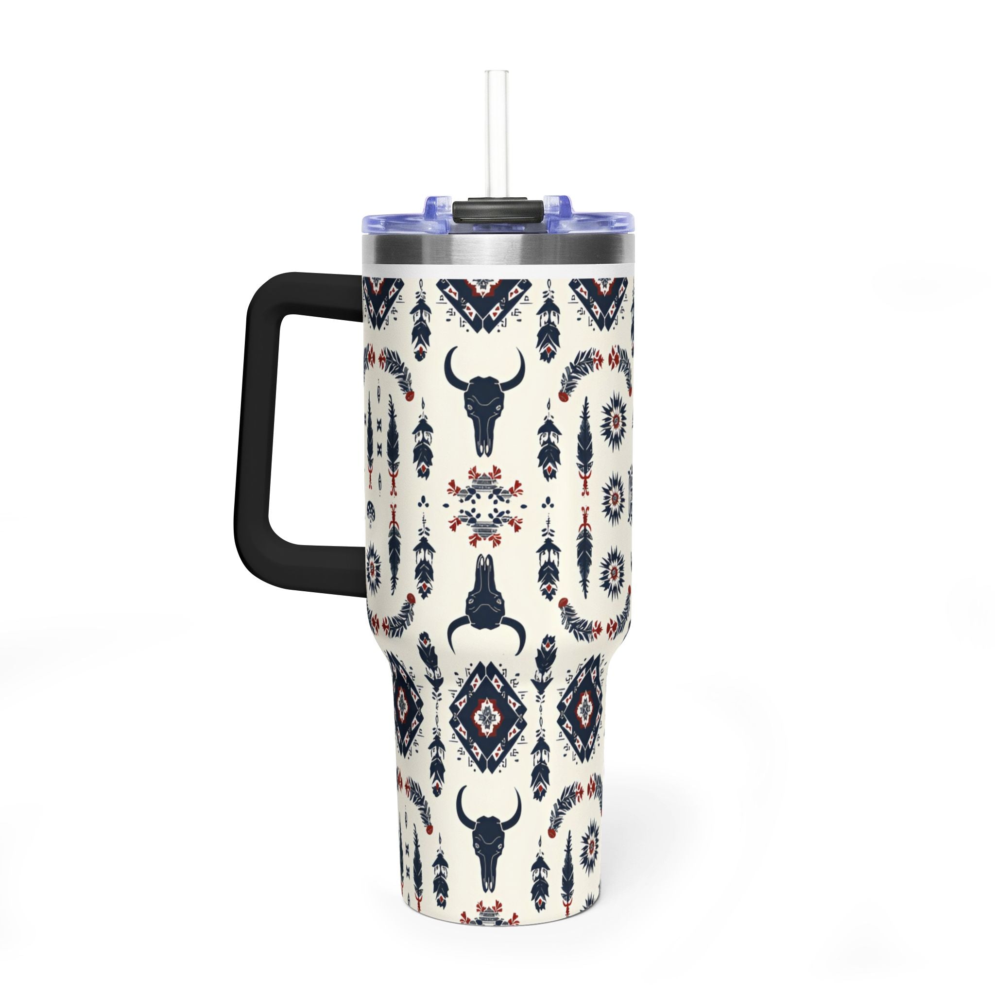 40oz Western Aztec Tumbler - Vacuum Insulated Travel Mug with Bull Skull Pattern