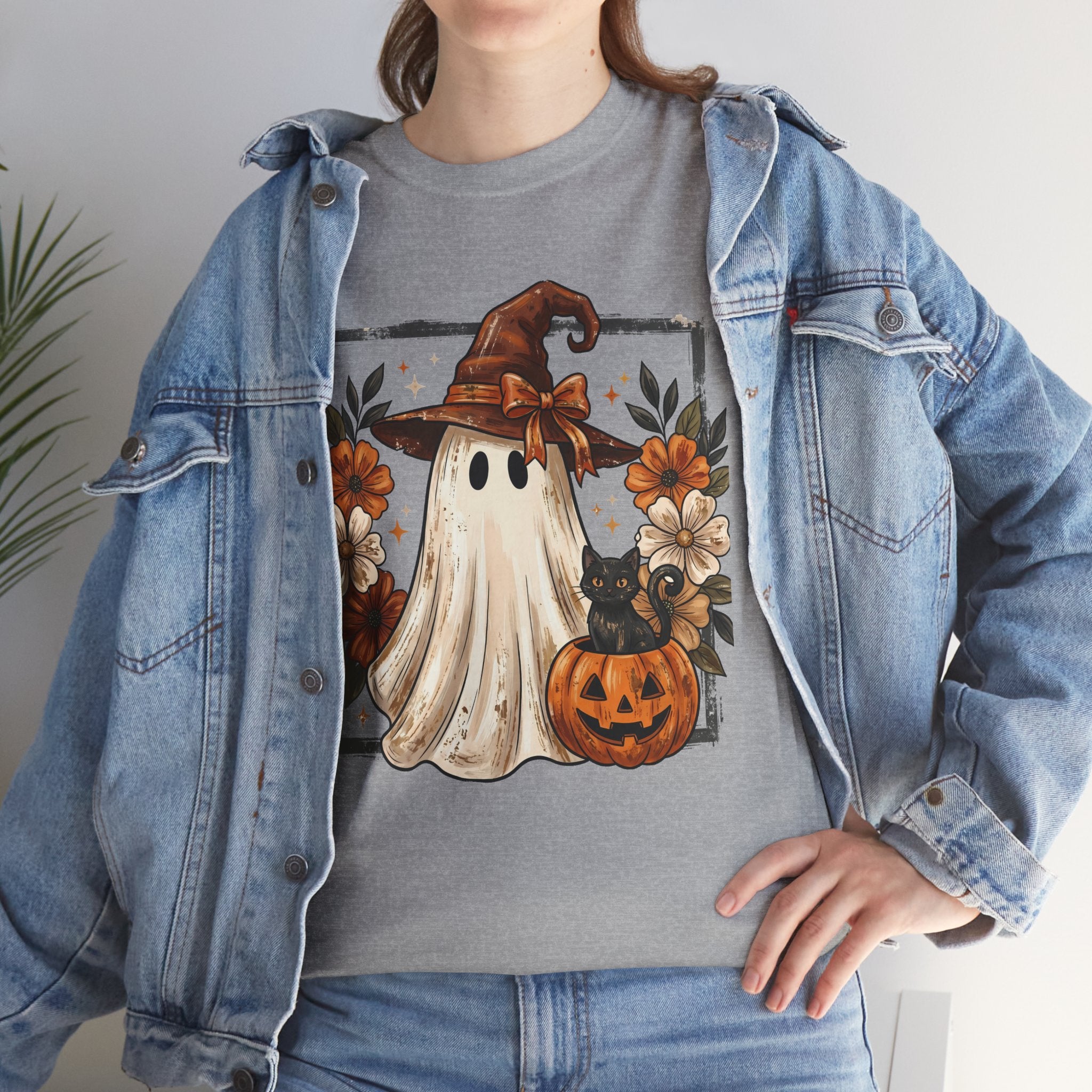 Halloween Ghost Tee — Cute Ghost in Witch Hat with Pumpkin & Flowers