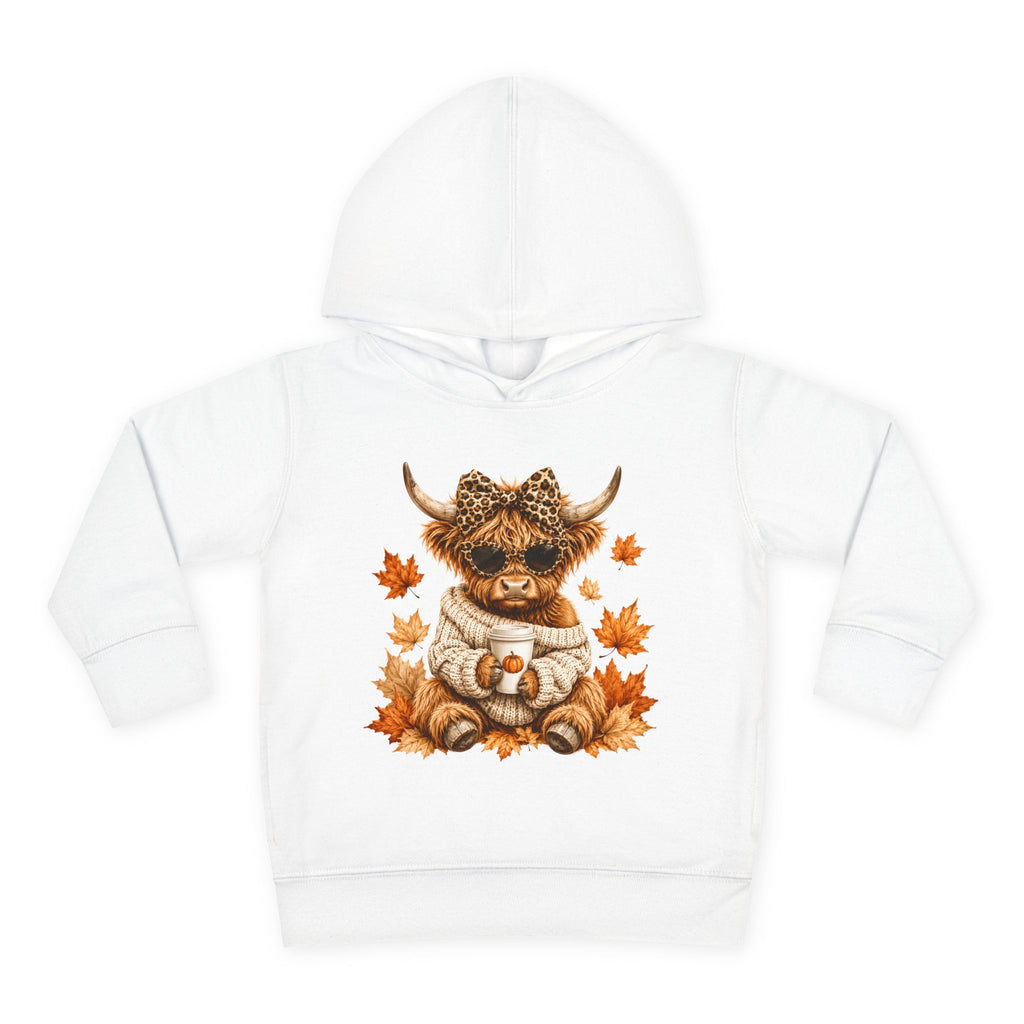 Toddler Hoodie — Autumn Highland Cow in Cozy Sweater (Fall Leaves)