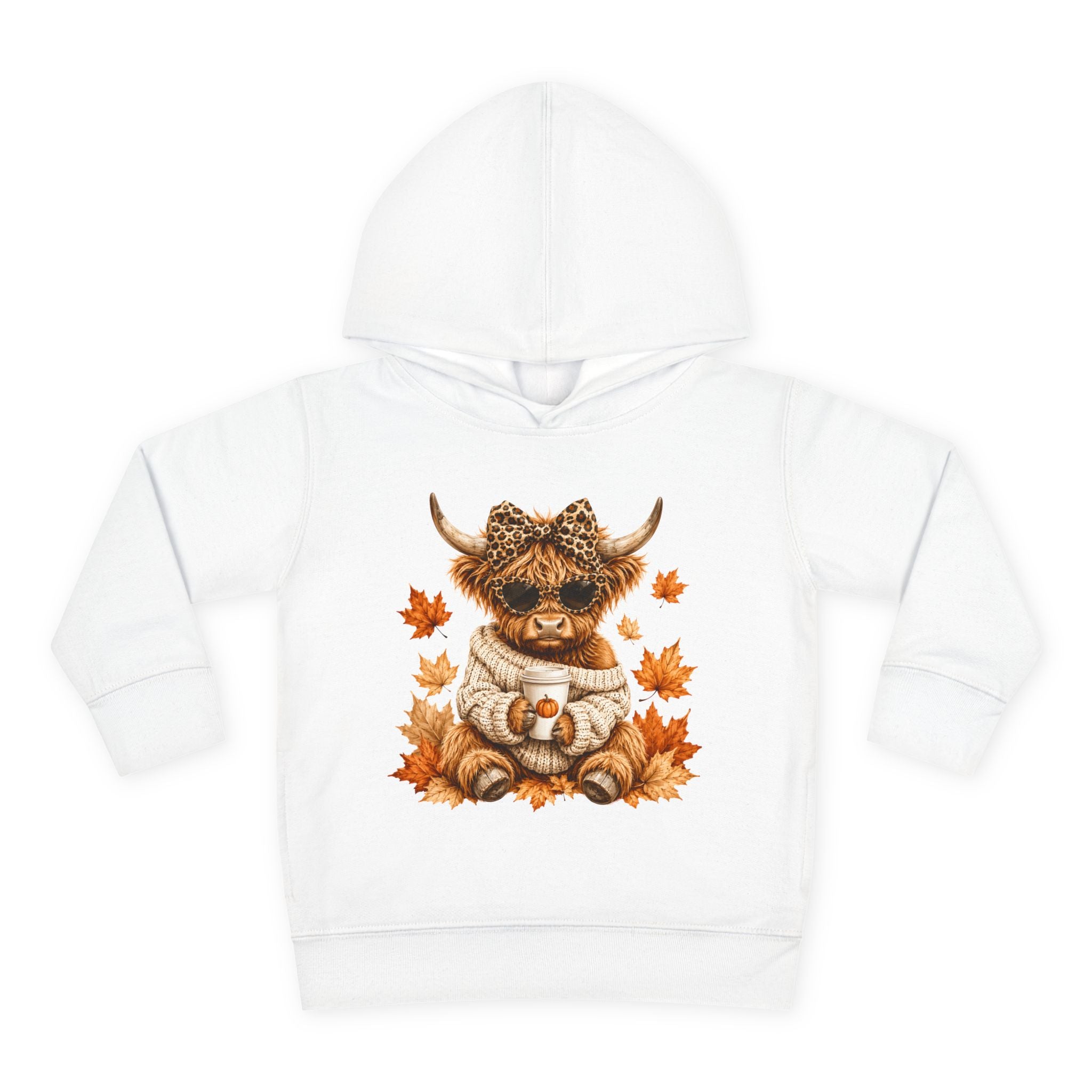 Toddler Hoodie — Autumn Highland Cow in Cozy Sweater (Fall Leaves)