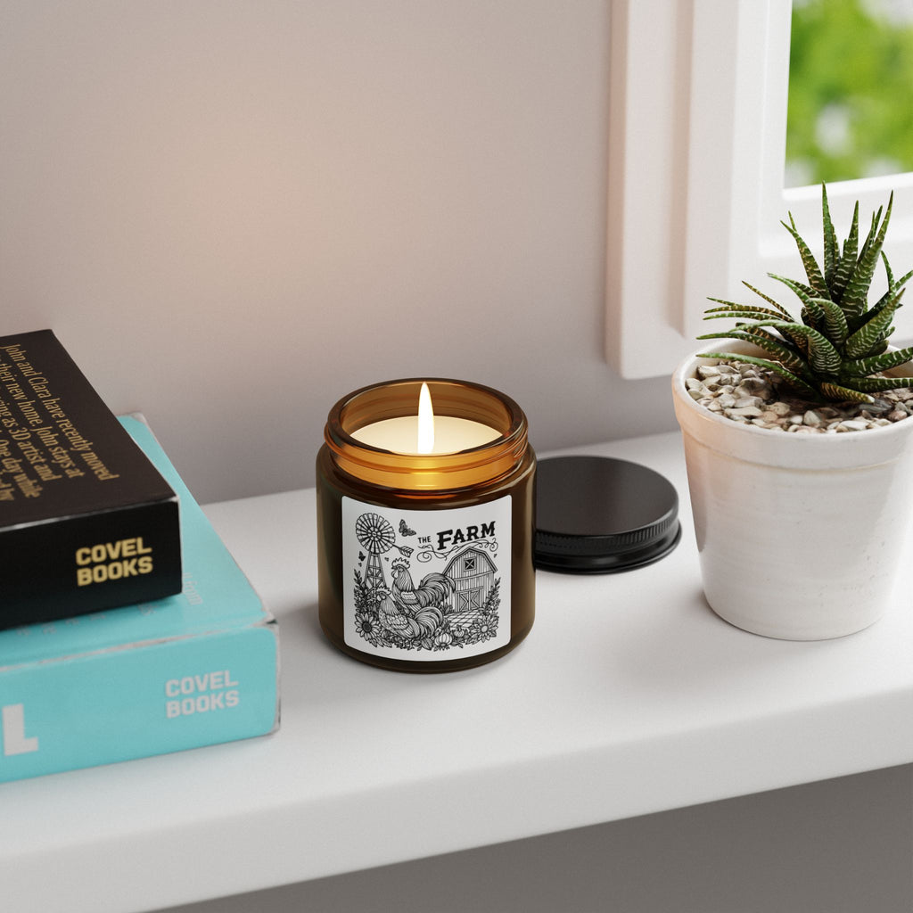 Farmhouse Soy Candle — Amber Jar Scented Candle with 'The Farm' Vintage Barn Label