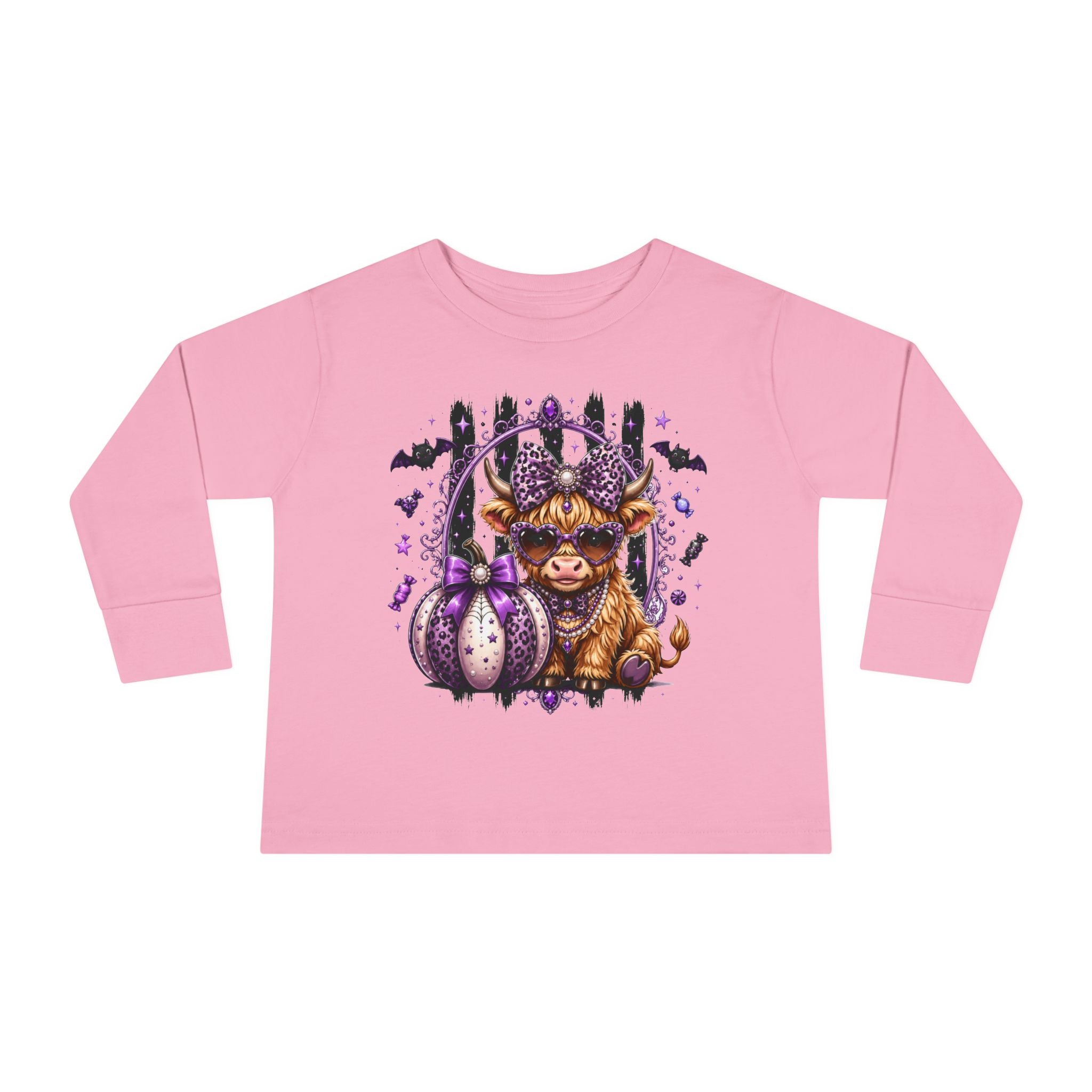 Toddler Long Sleeve Tee — Cute Highland Cow with Purple Pumpkins Halloween Shirt