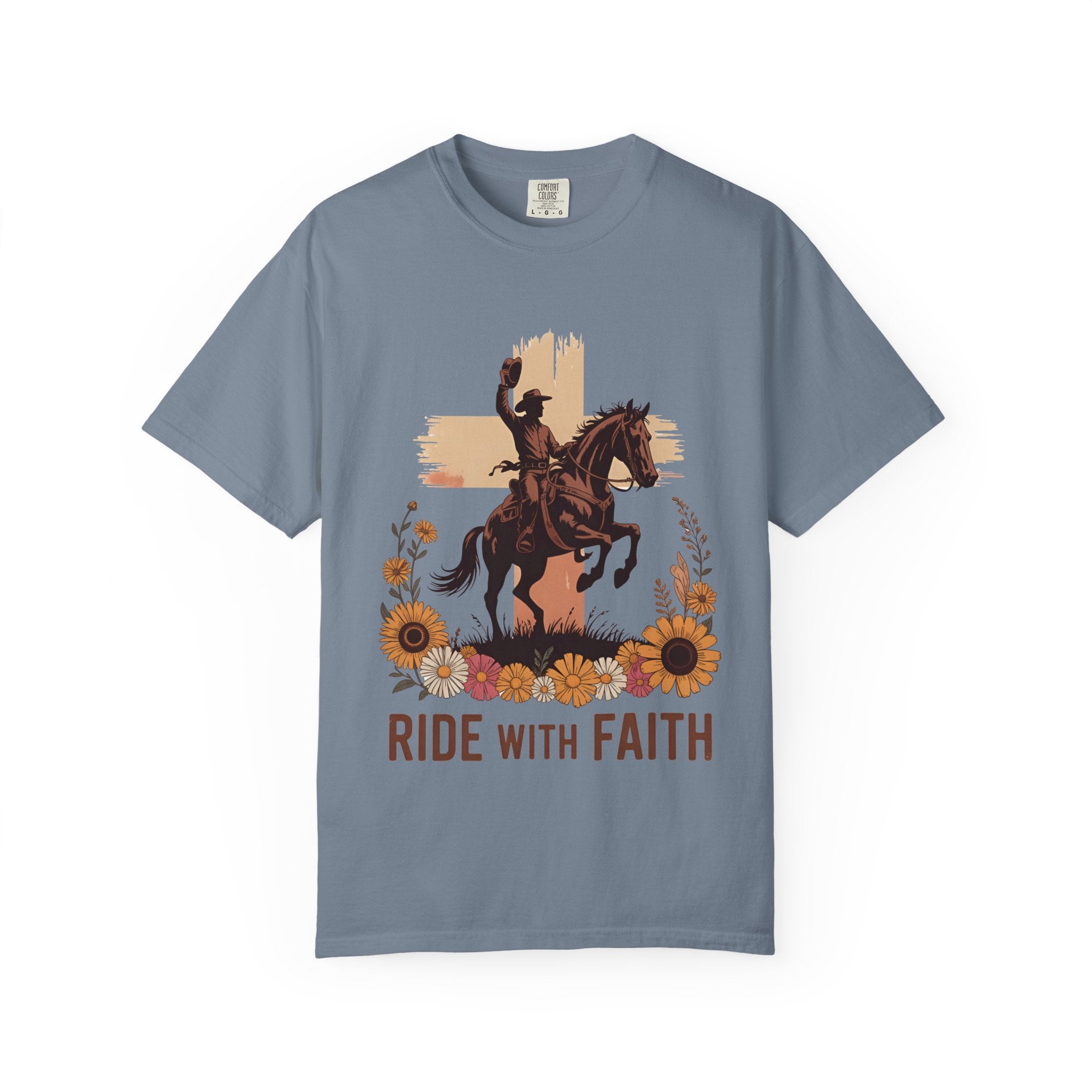 Ride With Faith Cowboy T-Shirt – Western Horse Graphic with Sunflowers