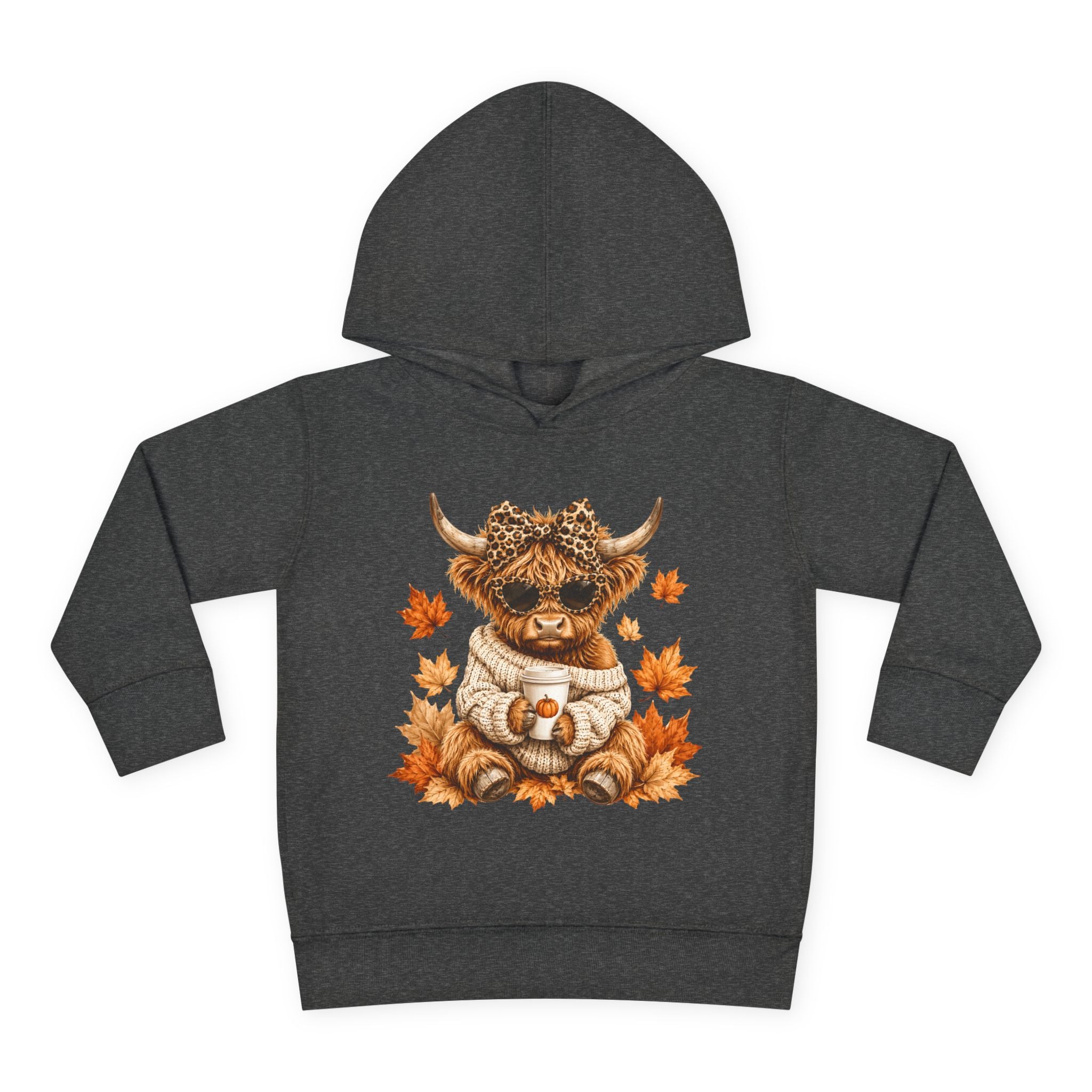 Toddler Hoodie — Autumn Highland Cow in Cozy Sweater (Fall Leaves)