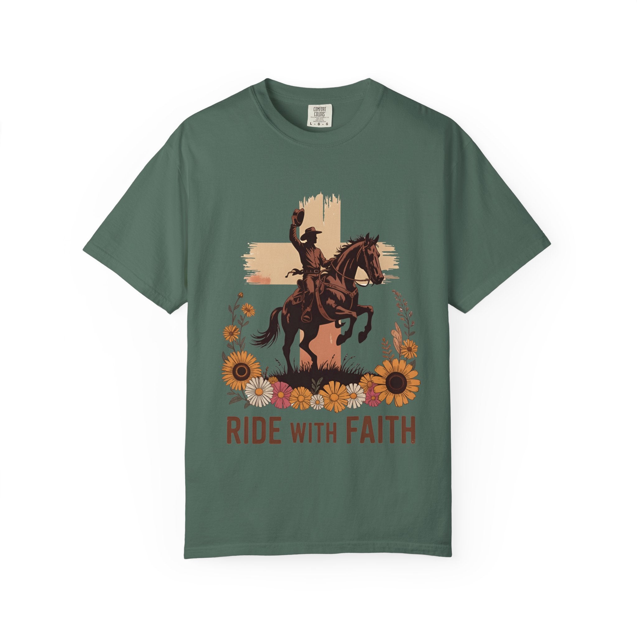 Ride With Faith Cowboy T-Shirt – Western Horse Graphic with Sunflowers