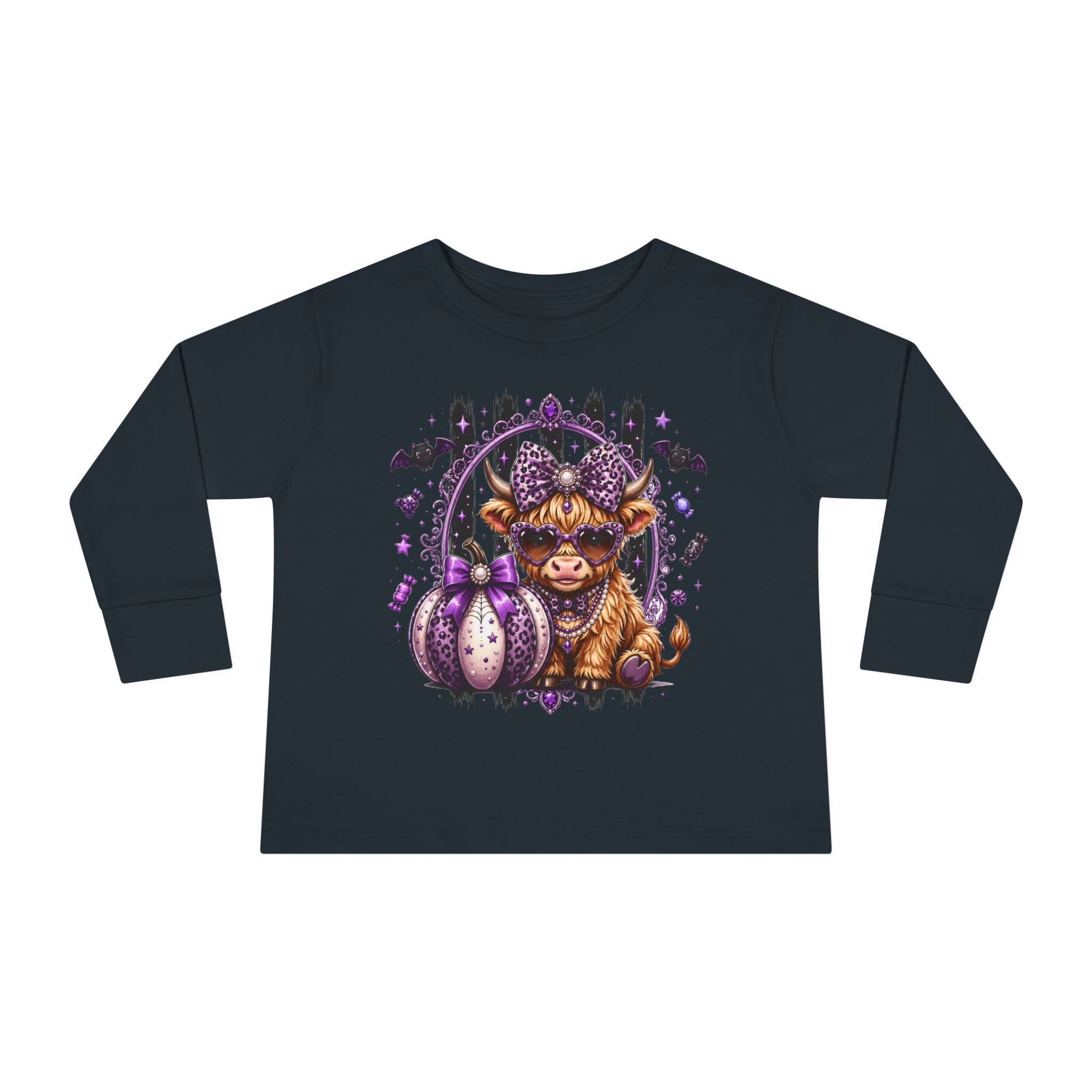 Toddler Long Sleeve Tee — Cute Highland Cow with Purple Pumpkins Halloween Shirt