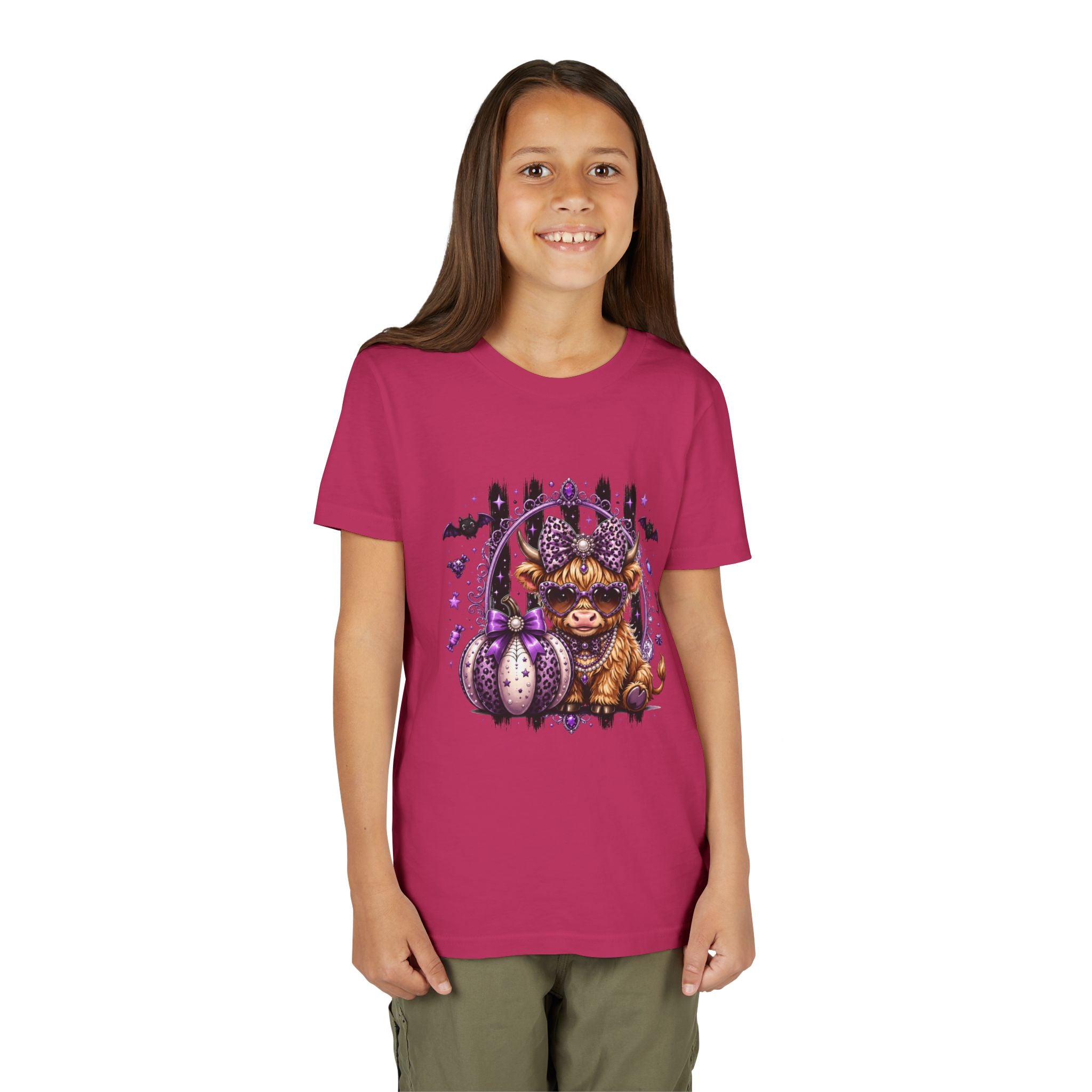 Halloween Highland Cow Youth Tee — Cute Spooky Cow with Purple Pumpkins