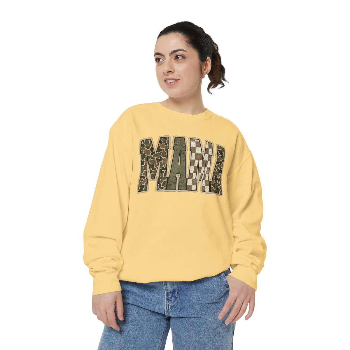 MAMA Camo Patch Sweatshirt — Women's Mama Graphic Crewneck
