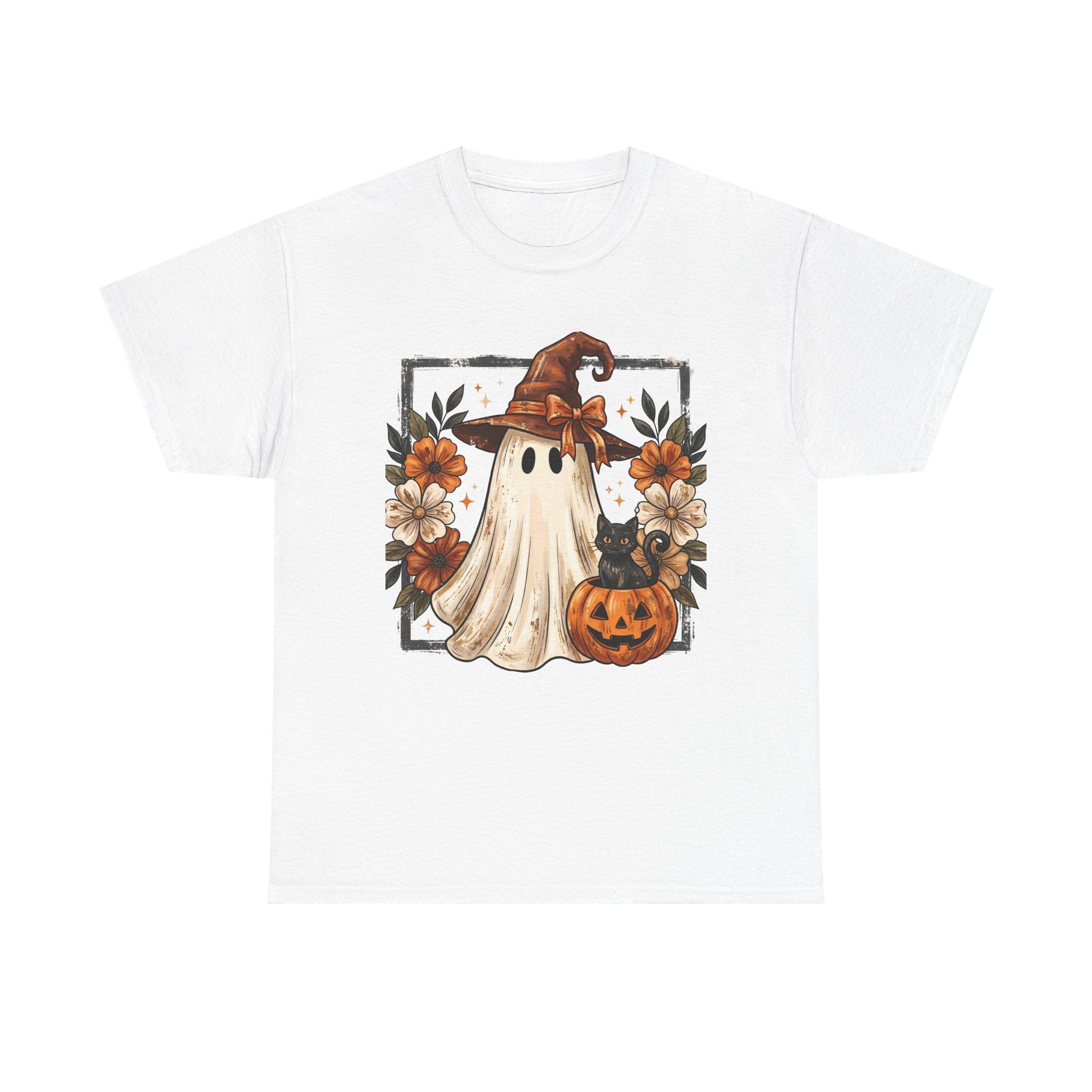 Halloween Ghost Tee — Cute Ghost in Witch Hat with Pumpkin & Flowers