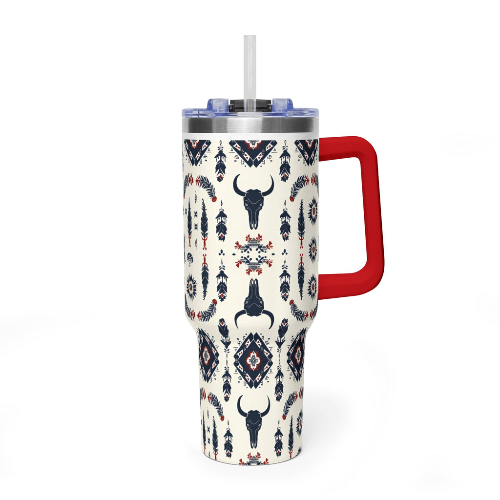 40oz Western Aztec Tumbler - Vacuum Insulated Travel Mug with Bull Skull Pattern