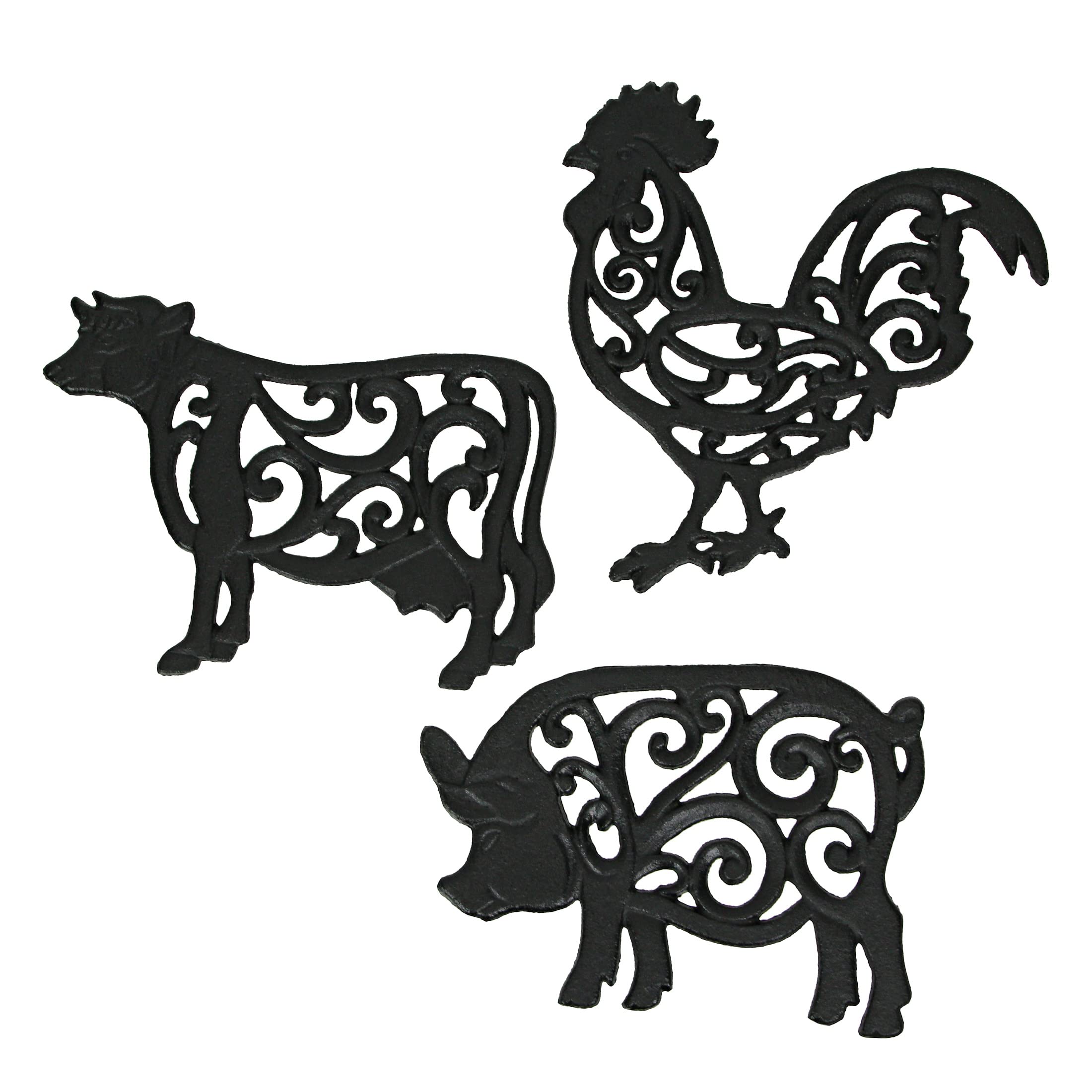 Set of 3 Black Cast Iron Farm Animal Kitchen Decor Trivets - Rooster Pig and Cow - Decorative Wall Hanging Art - 9 Inch - Farmhouse Table Accents