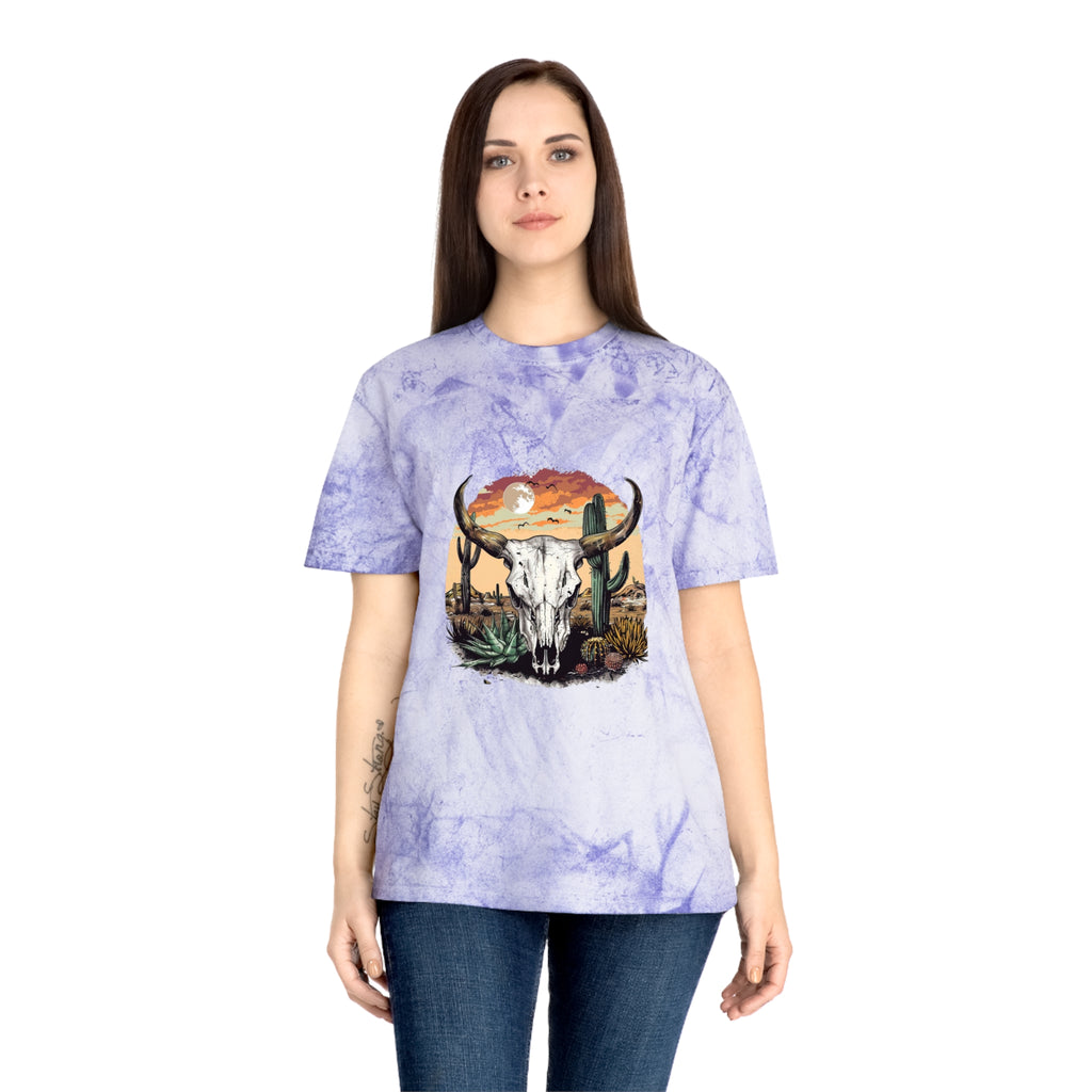 Western Skull Desert T-Shirt — Sunburst Tie-Dye Cactus Graphic