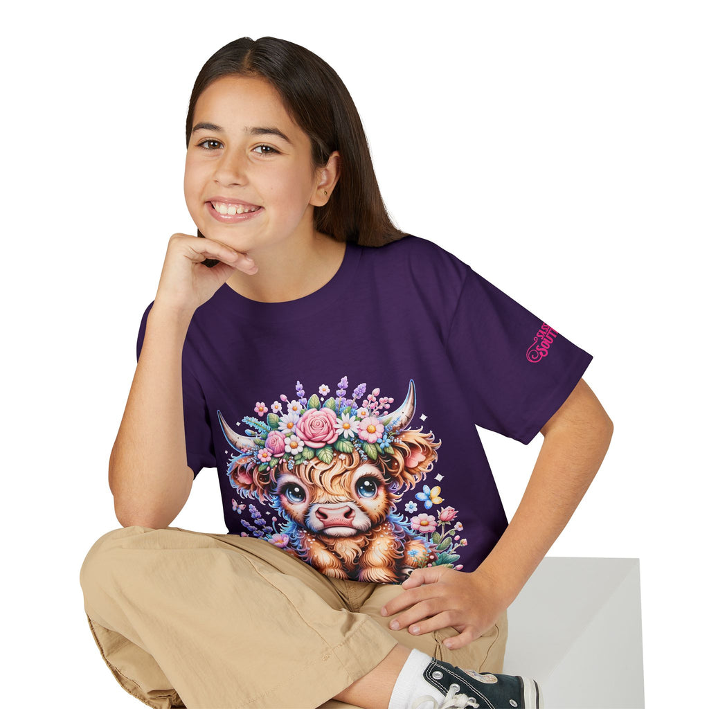 Cute Highland Calf Floral Youth T-Shirt