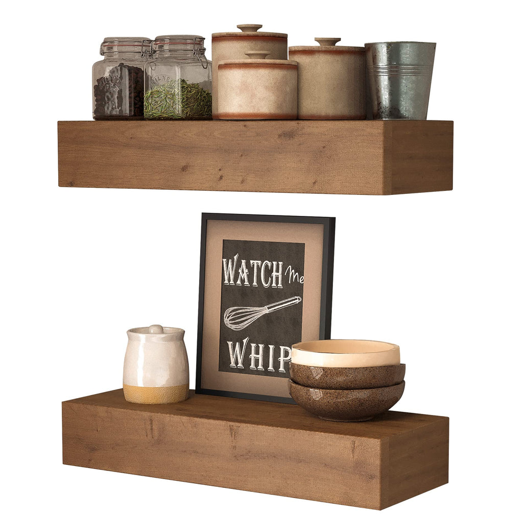 ROOREVO Wall Floating Shelves Rustic Wood Wall Shelf Handmade - Wooden Shelves for Bathroom Kitchen Livingroom(Light Walnut 17 Inch - 2 Pack)