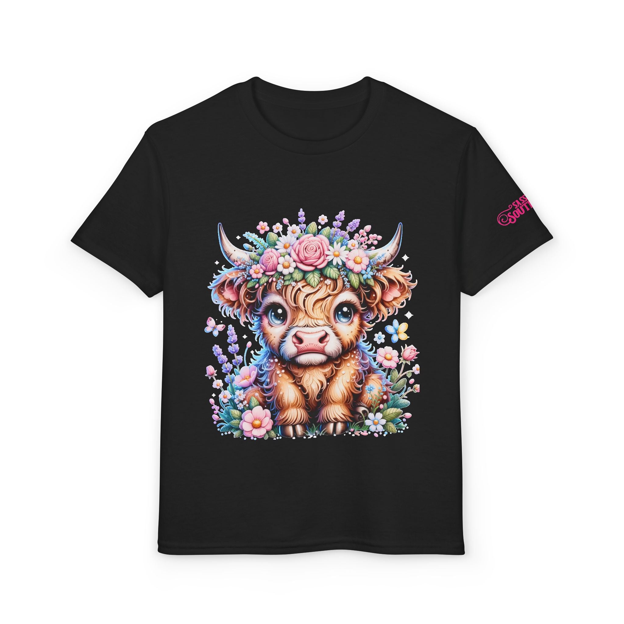 Cute Highland Calf Floral Youth T-Shirt