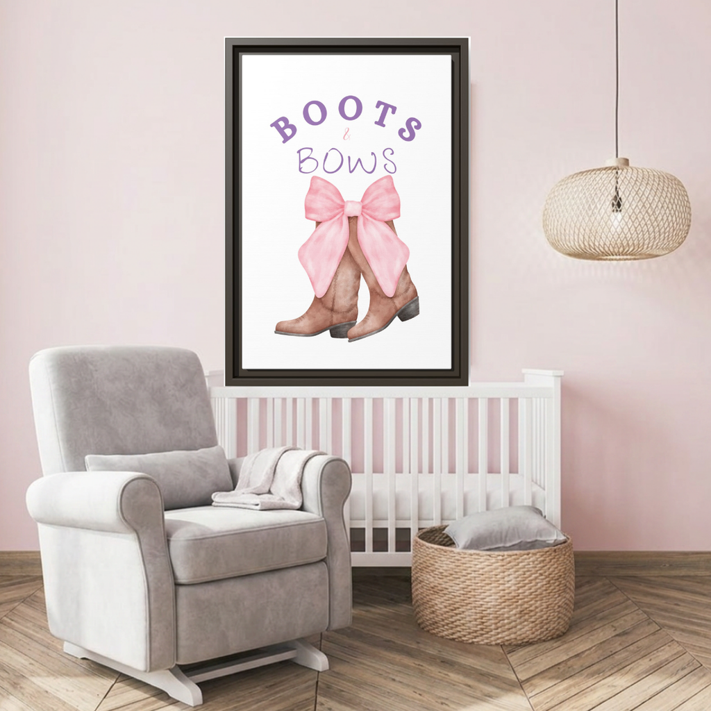 Boots & Bows Framed Canvas Print — Pink Bow Cowboy Boot Wall Art
