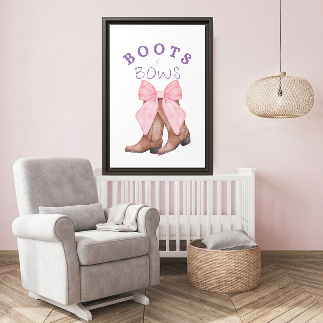 Boots & Bows Framed Canvas Print — Pink Bow Cowboy Boot Wall Art