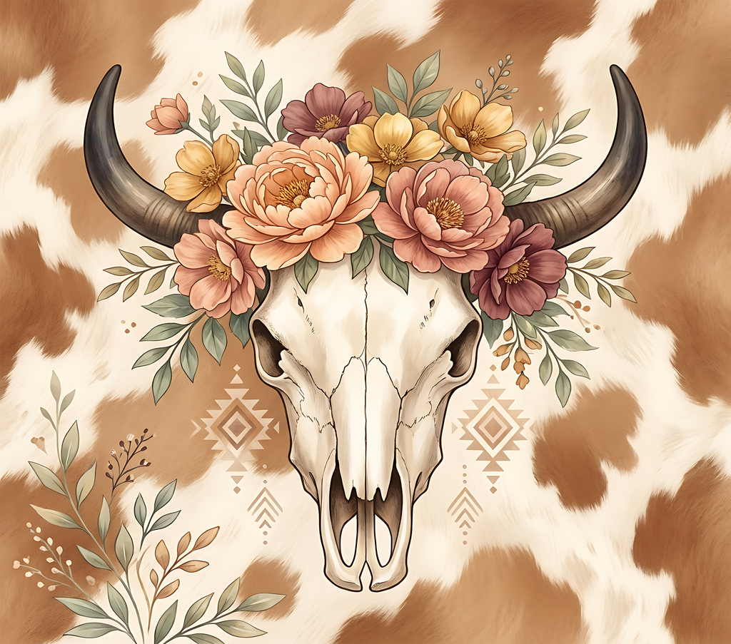 Cow Skull Floral 20oz Stainless Steel Tumbler — Boho Western Insulated Drink Cup