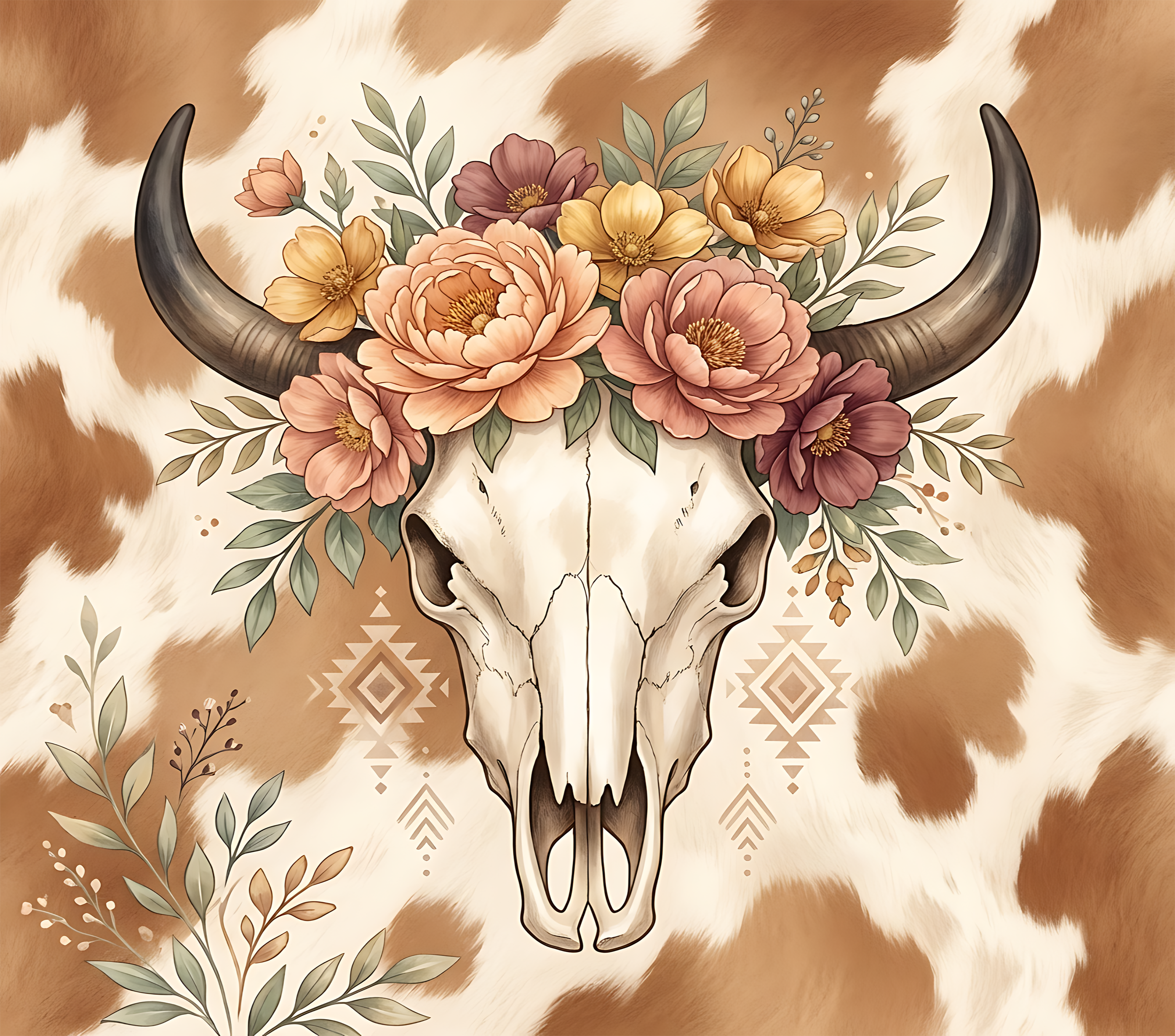 Cow Skull Floral 20oz Stainless Steel Tumbler — Boho Western Insulated Drink Cup