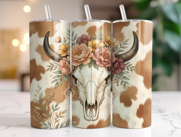 Cow Skull Floral 20oz Stainless Steel Tumbler — Boho Western Insulated Drink Cup