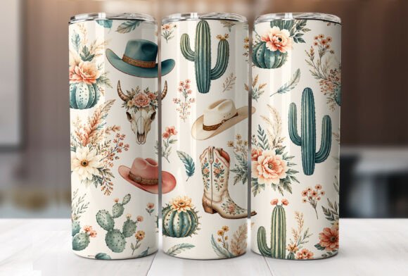 Western Cactus Cowboy 20oz Stainless Tumbler — Floral Cow Skull & Boots Travel Cup