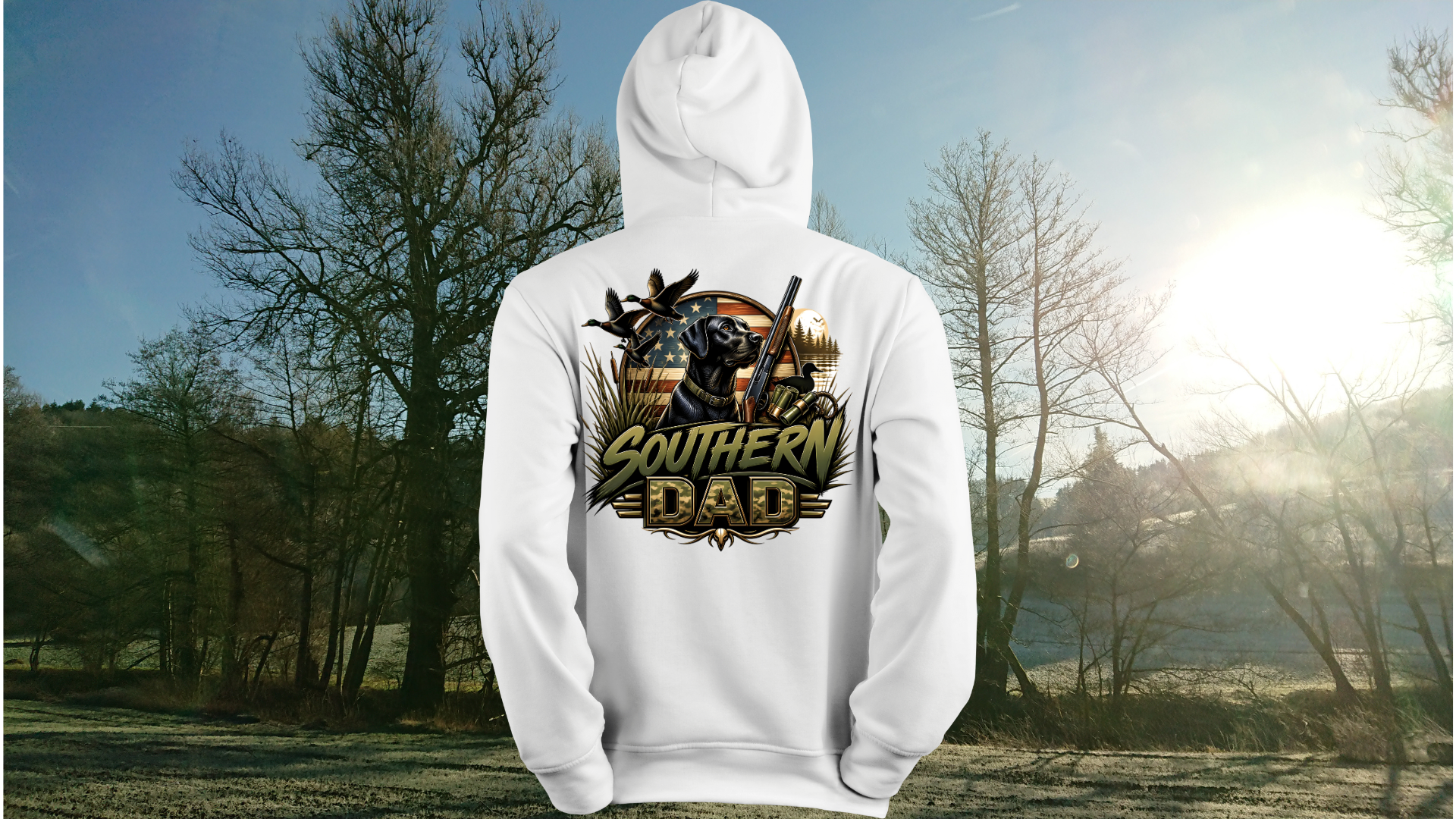 Southern Dad Hoodie - Hunting Dog & American Flag Graphic Pullover
