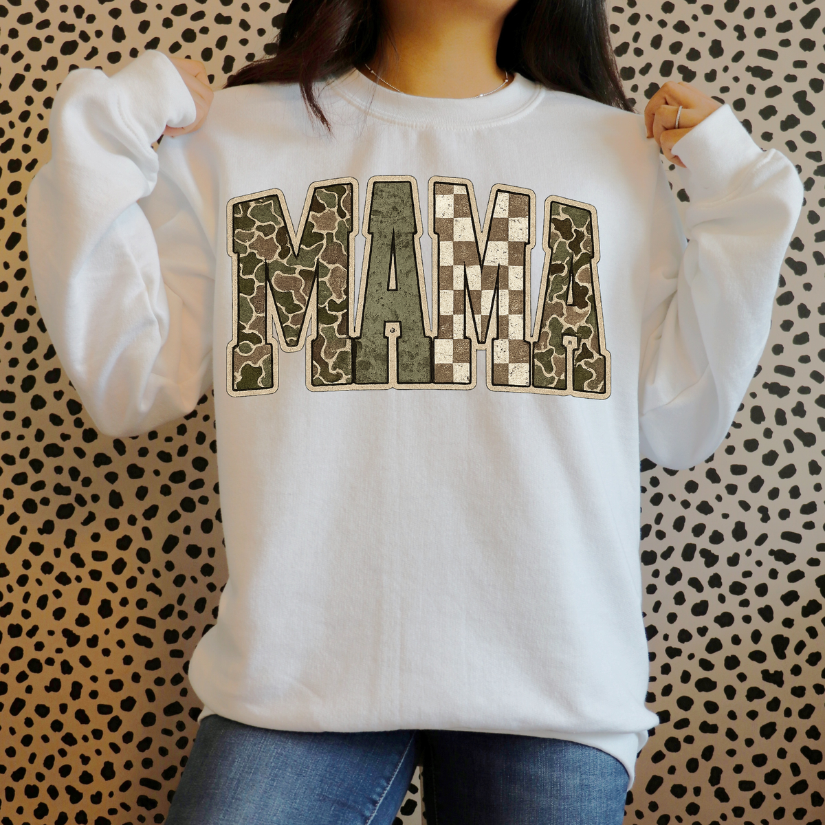 MAMA Camo Patch Sweatshirt — Women's Mama Graphic Crewneck