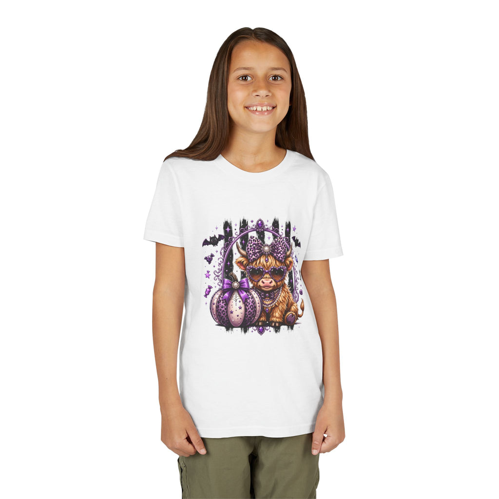 Halloween Highland Cow Youth Tee — Cute Spooky Cow with Purple Pumpkins