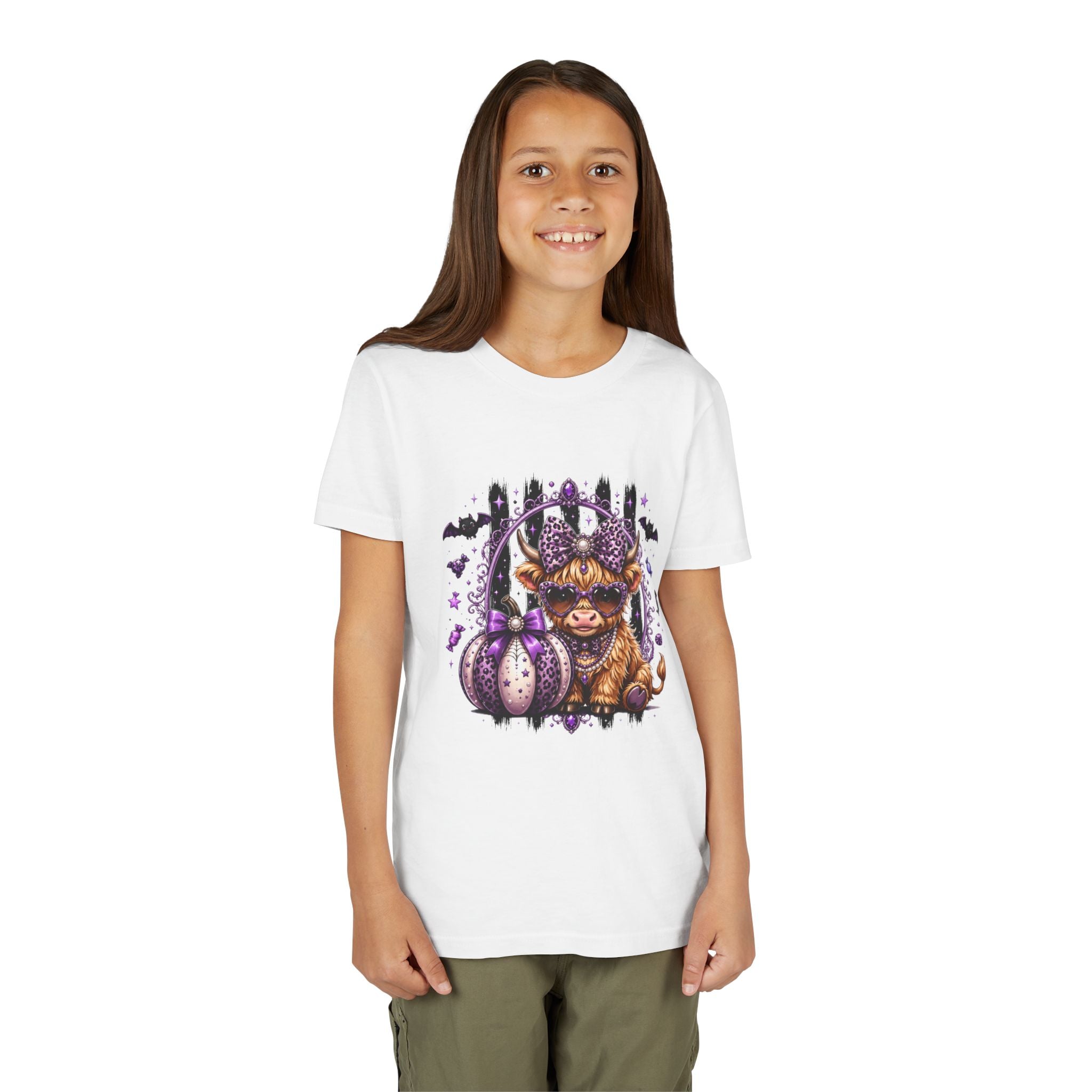 Halloween Highland Cow Youth Tee — Cute Spooky Cow with Purple Pumpkins
