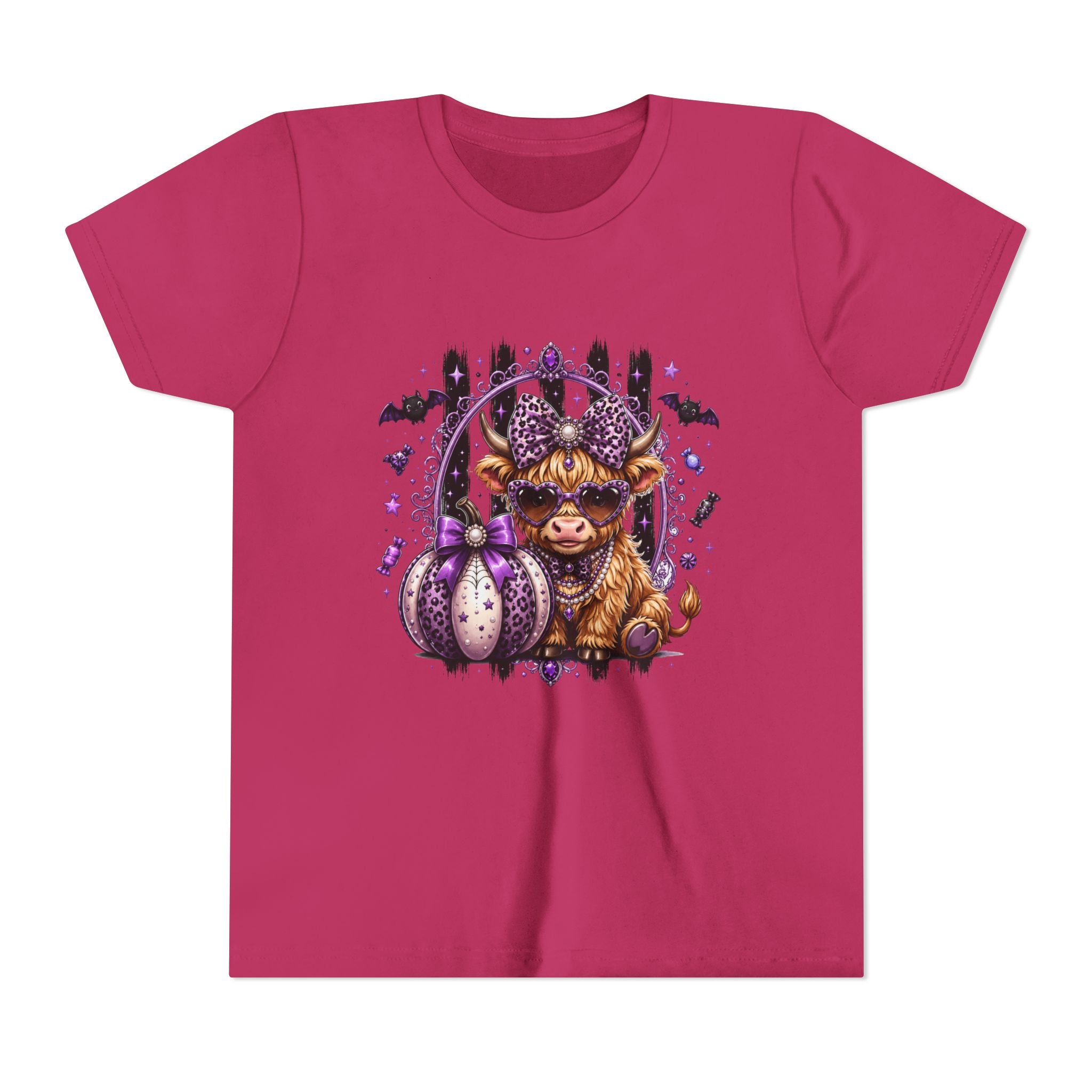 Halloween Highland Cow Youth Tee — Cute Spooky Cow with Purple Pumpkins