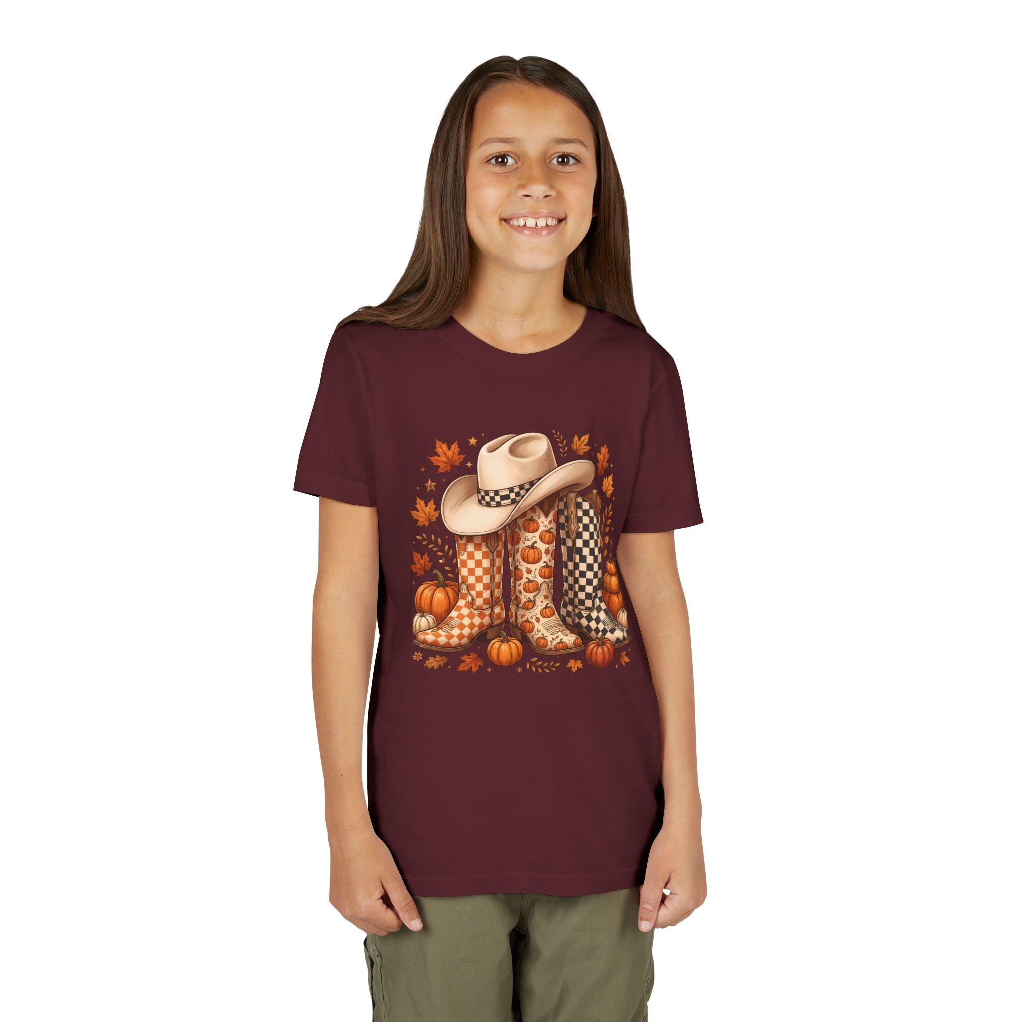Youth T-Shirt — Fall Cowboy Boots & Pumpkins Autumn Graphic Tee