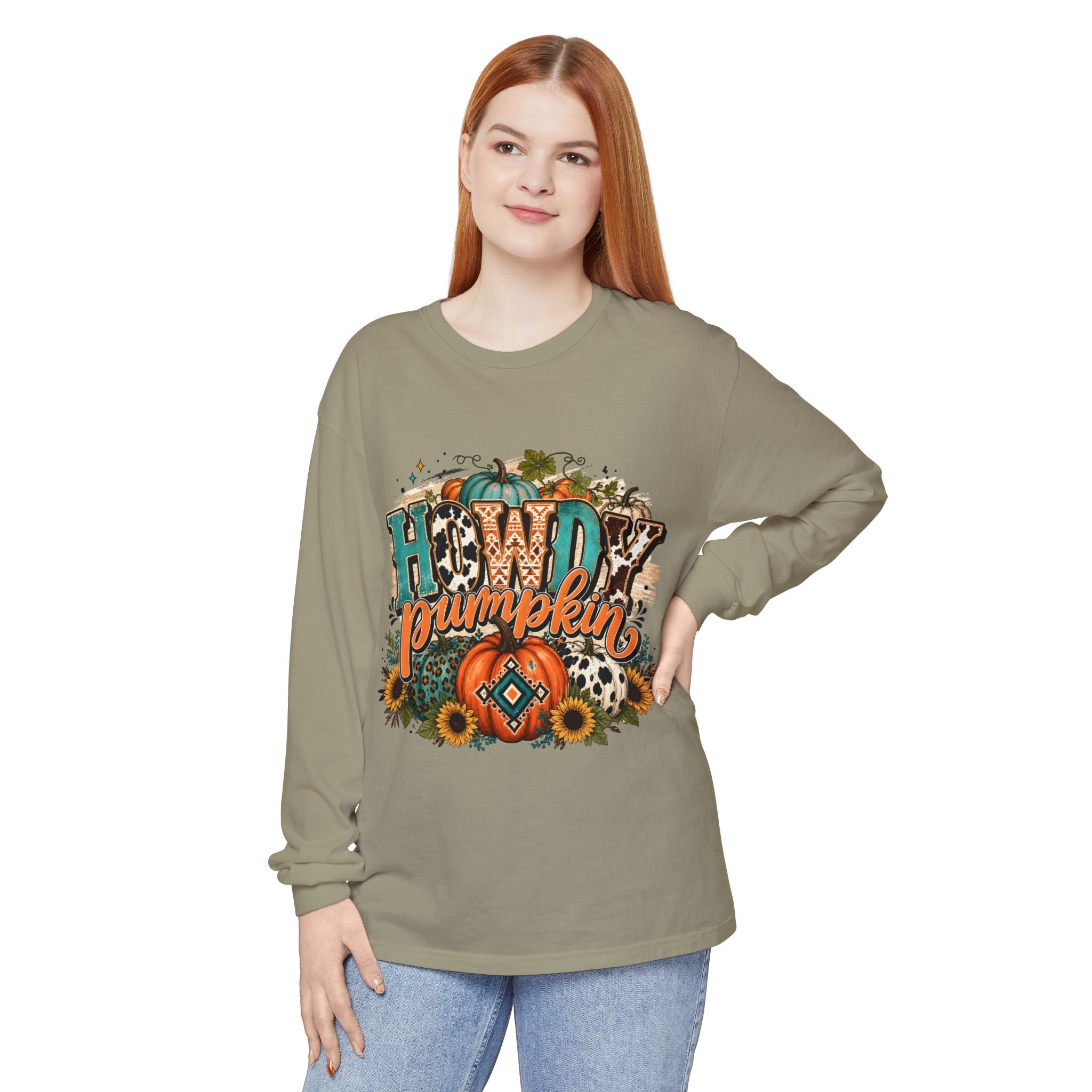 Howdy Pumpkin Long Sleeve Tee — Fall Pumpkin & Sunflower Graphic Shirt