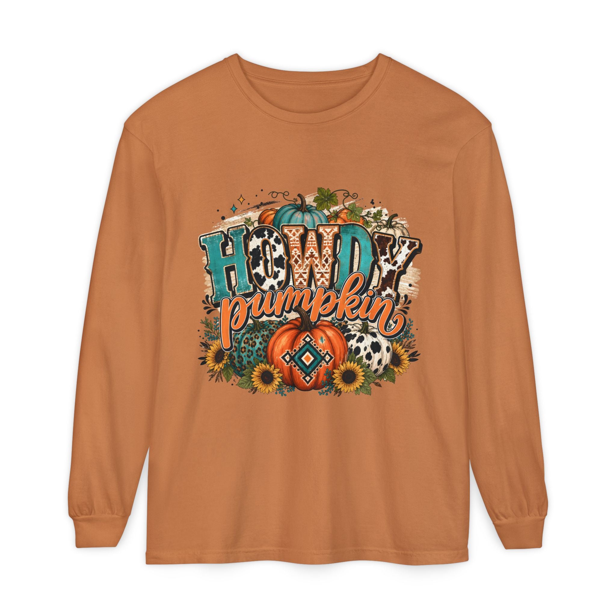 Howdy Pumpkin Long Sleeve Tee — Fall Pumpkin & Sunflower Graphic Shirt